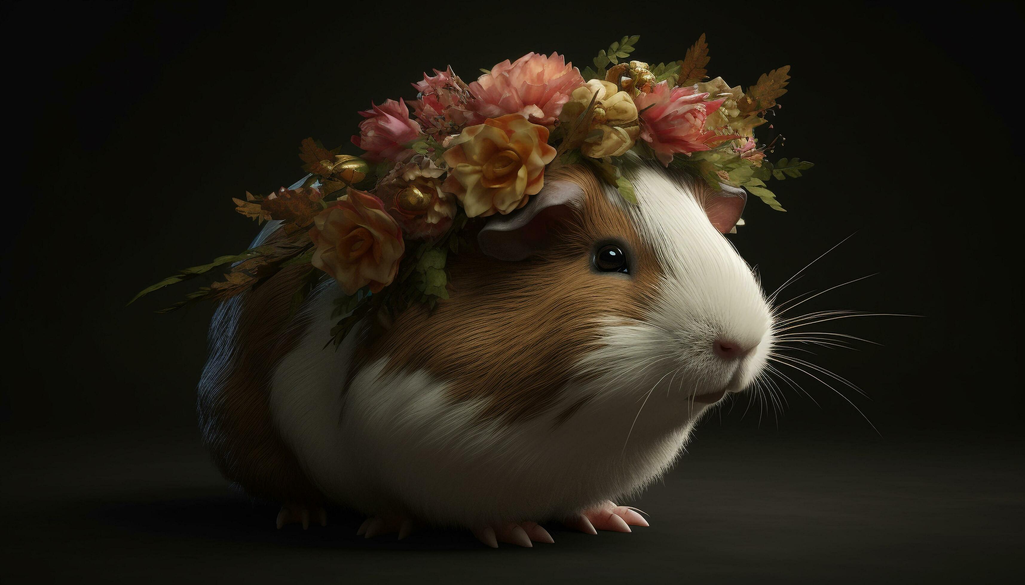 Fluffy young rabbit with whiskers sitting on grass, surrounded by flowers generated by AI Stock Free