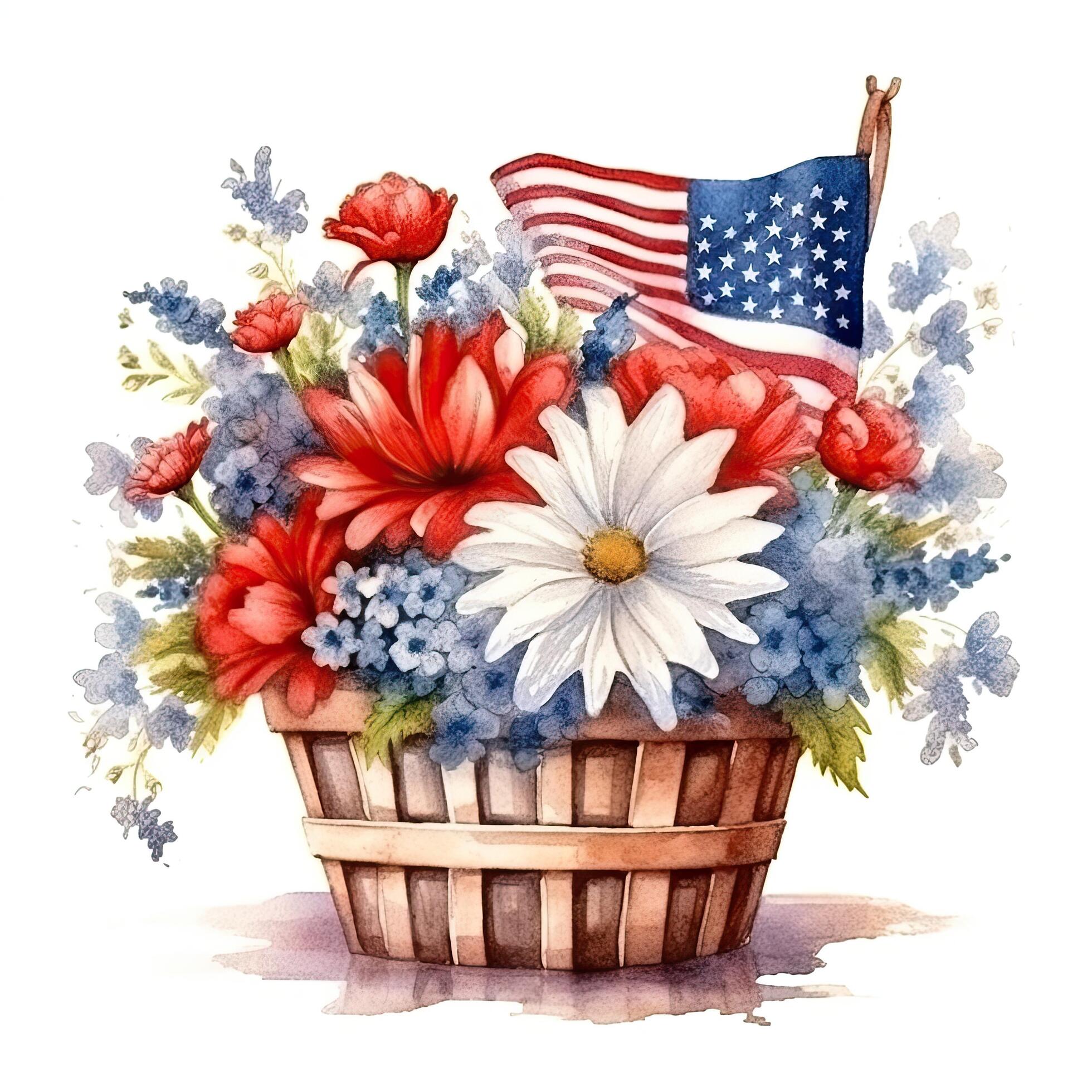 USA flag and flowers in basket. watercolor. Illustration Stock Free