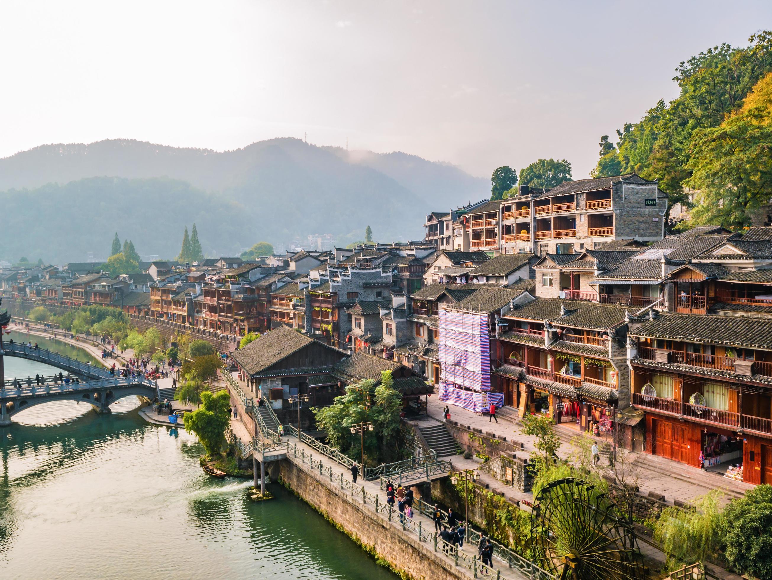 Scenery view in the morning of fenghuang old town .phoenix ancient town or Fenghuang County is a county of Hunan Province, China Stock Free