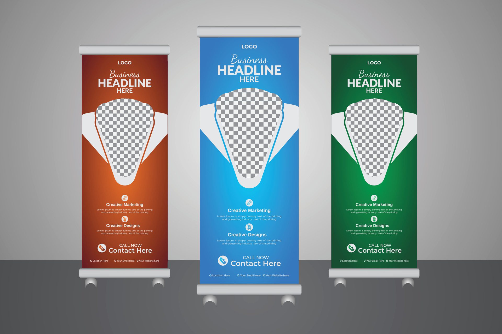 Business roll up banner template, colorful layout, colorful design, three color variation, editable layout Free Vector