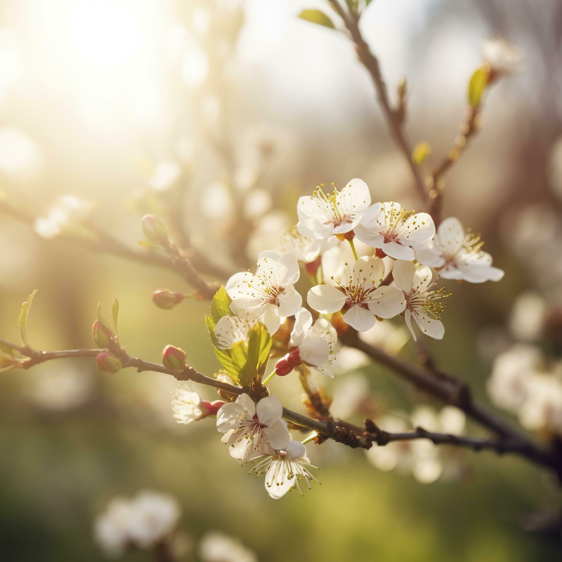 Spring blossom background. Nature scene with blooming tree and sun flare. Spring flowers. Beautiful orchard , generat ai Stock Free