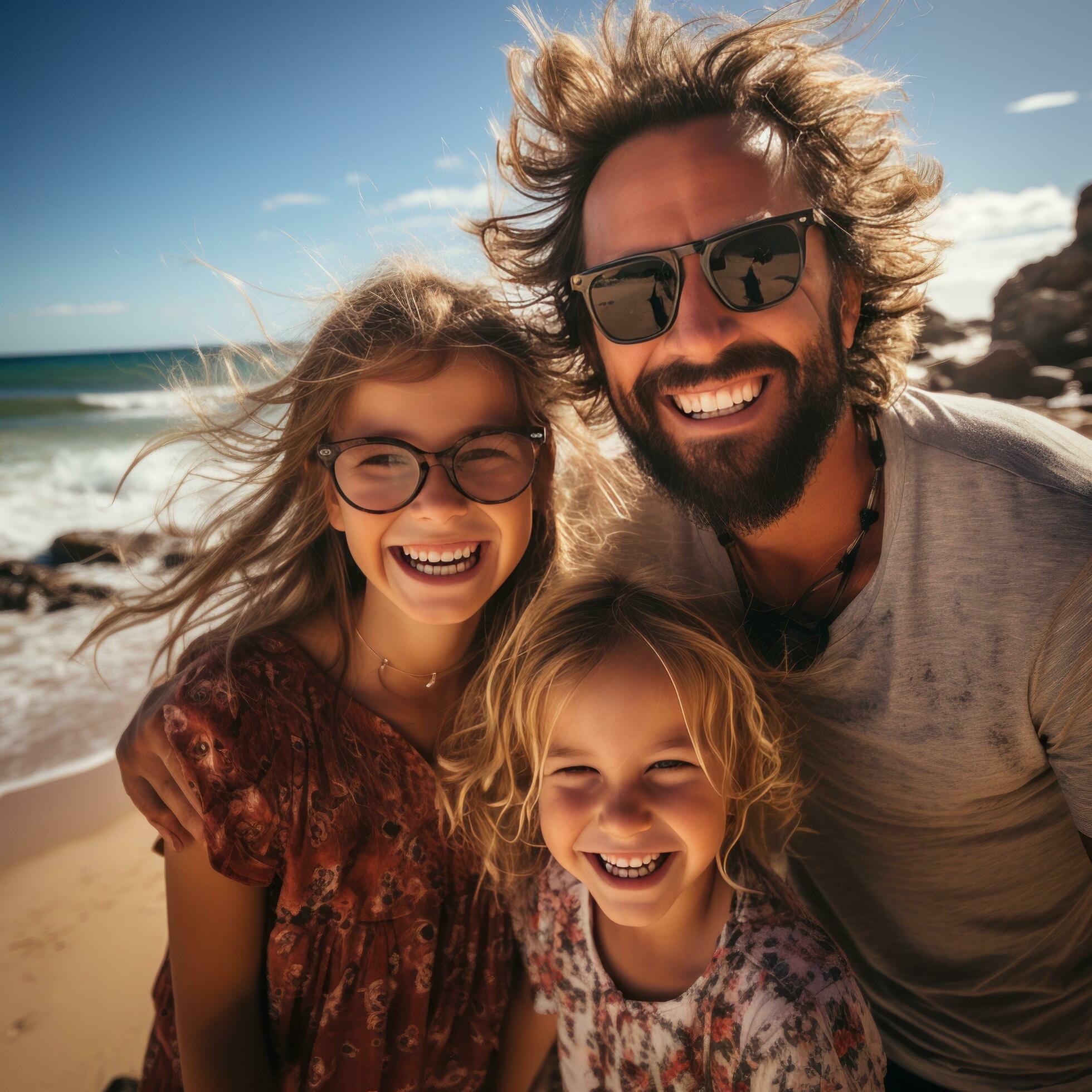 Excited family taking a group selfie on the shore Stock Free