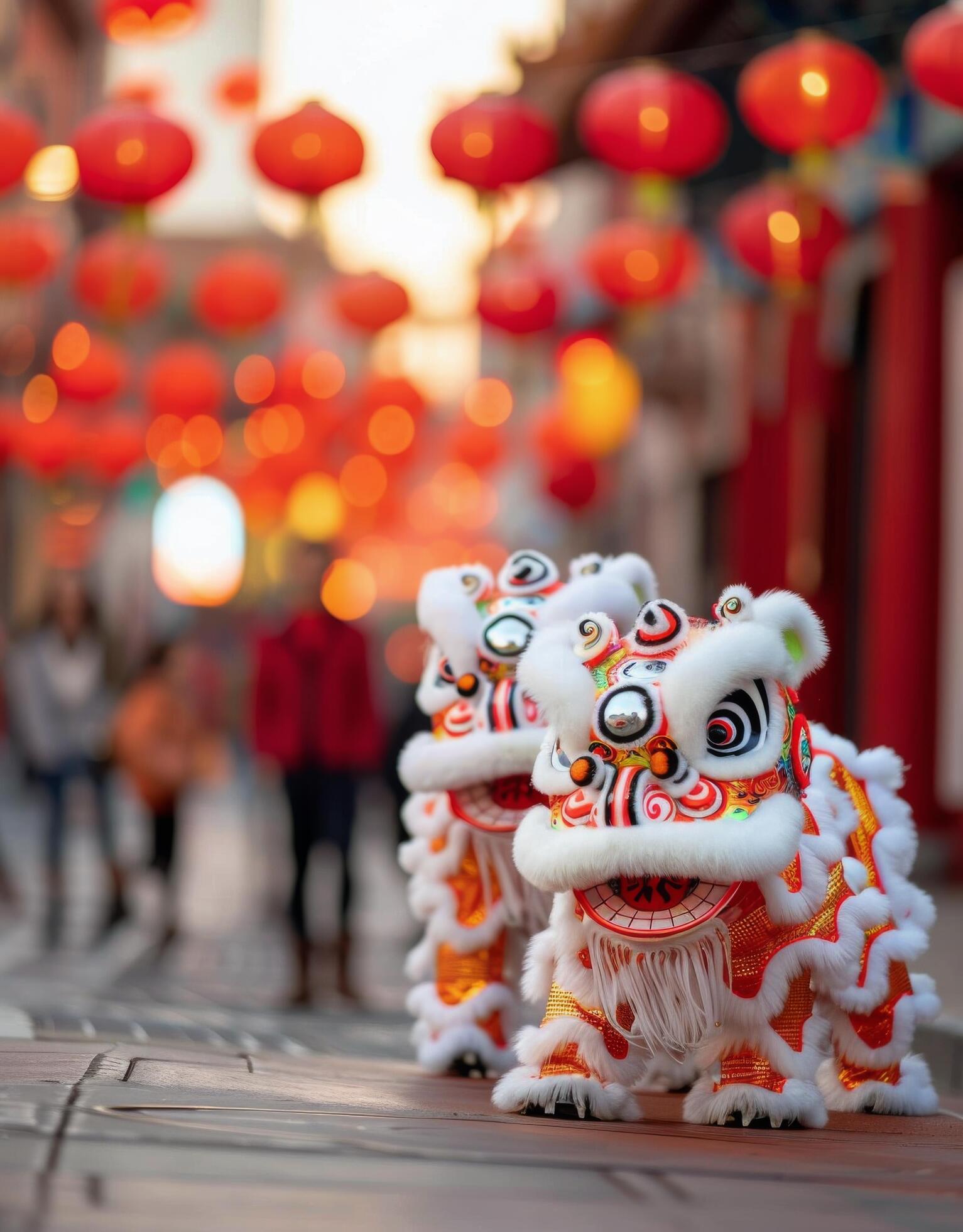 Traditional Lion Dance Performance During Lunar New Year Celebrations in Chinatown Stock Free