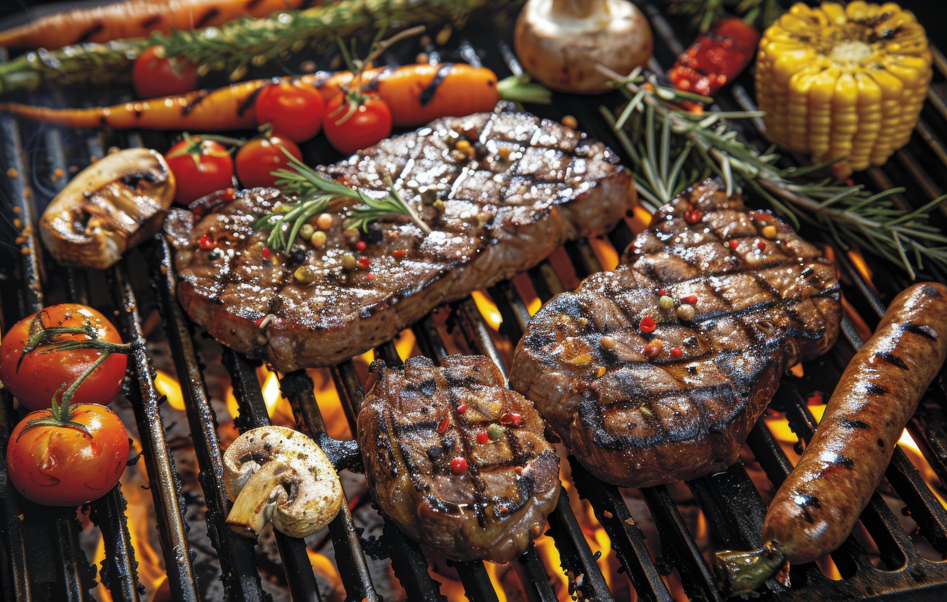 Grilled Steaks, Sausages, and Vegetables on a Charcoal Grill Stock Free