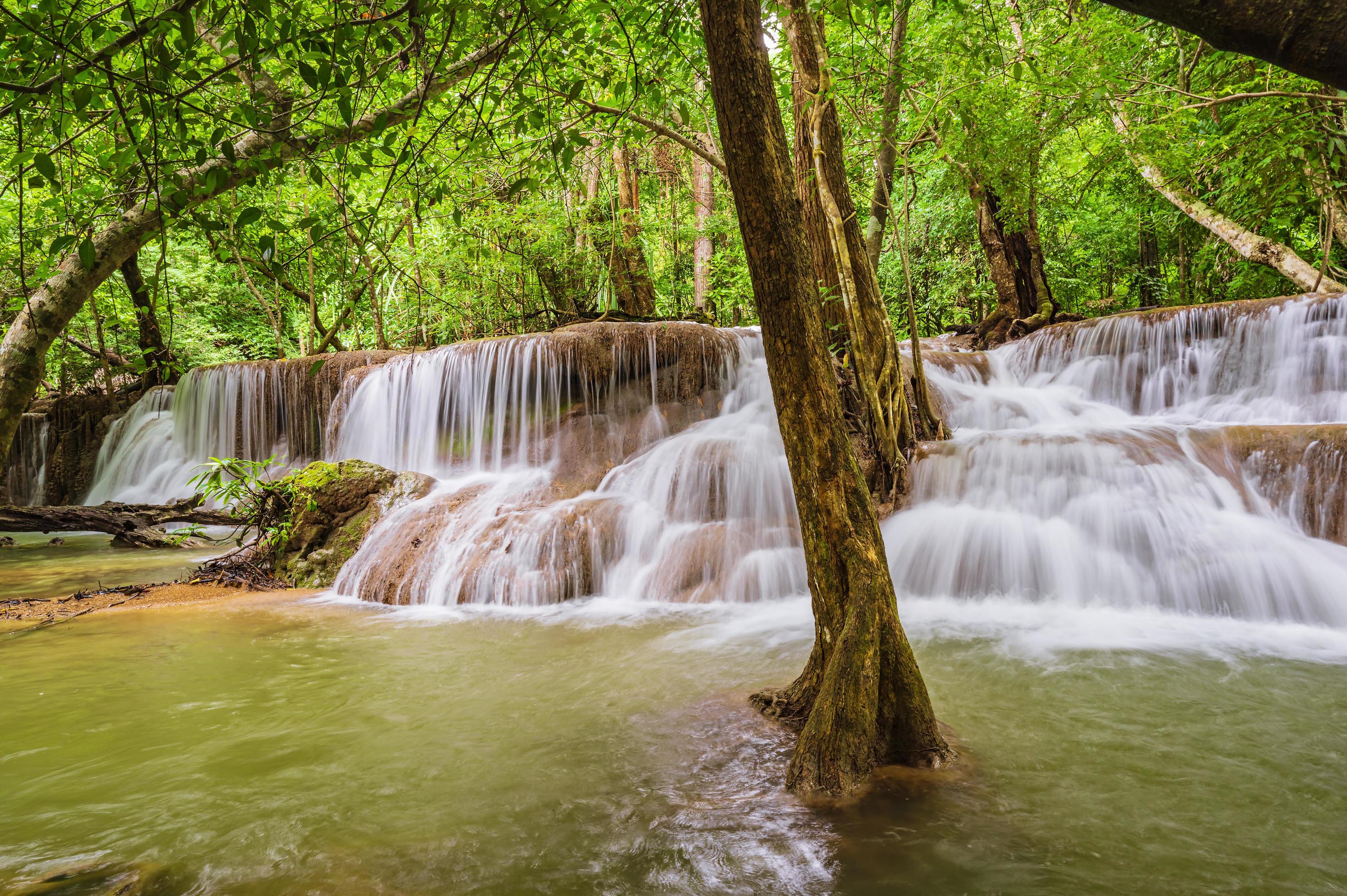 Landscape of Huai mae khamin waterfall Srinakarin national park at Kanchanaburi thailand.Huai mae khamin waterfall sixth floor Dong Phi Sue Stock Free