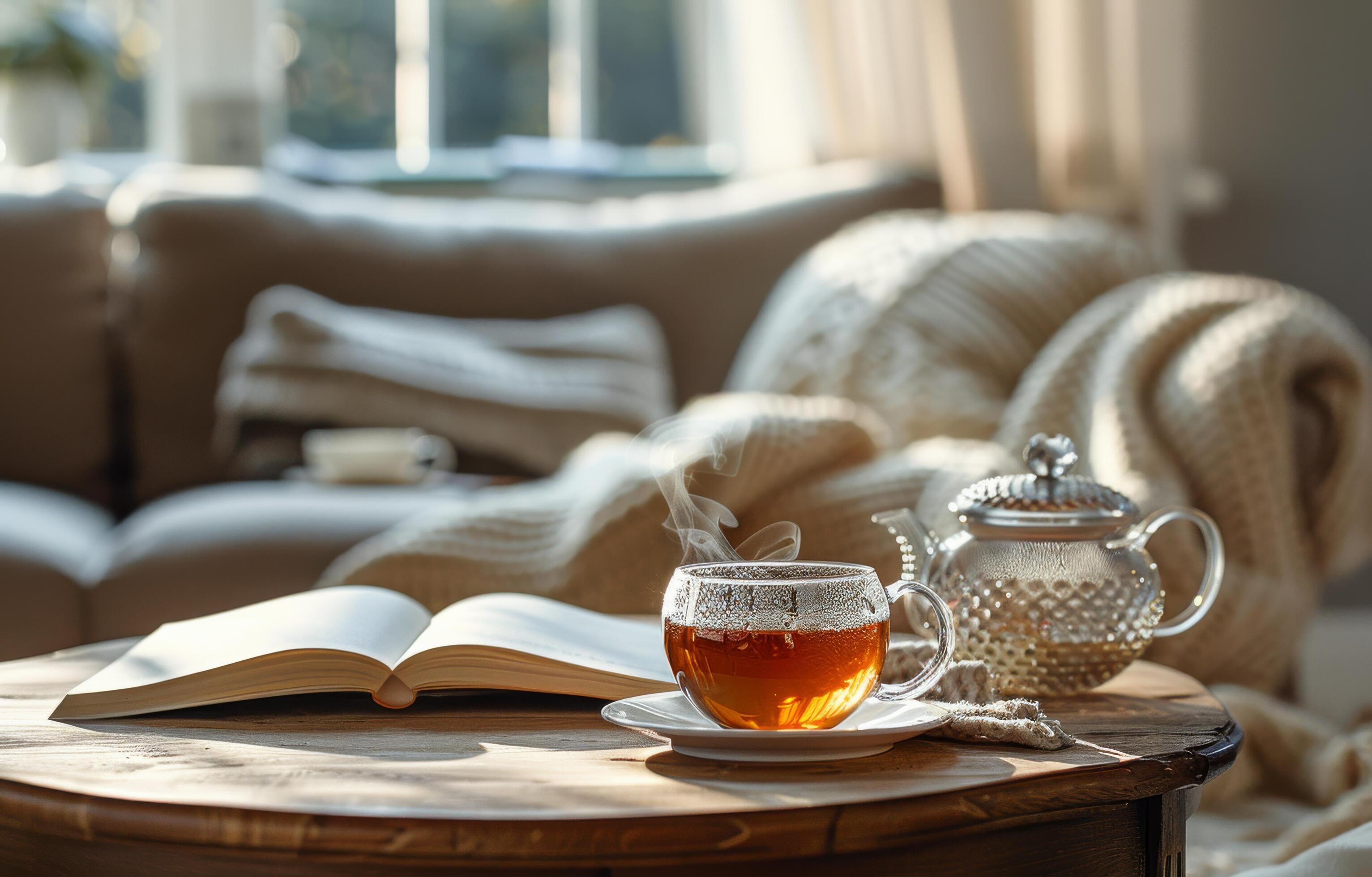 A Cozy Afternoon With a Book, Tea, and Sunlight Stock Free