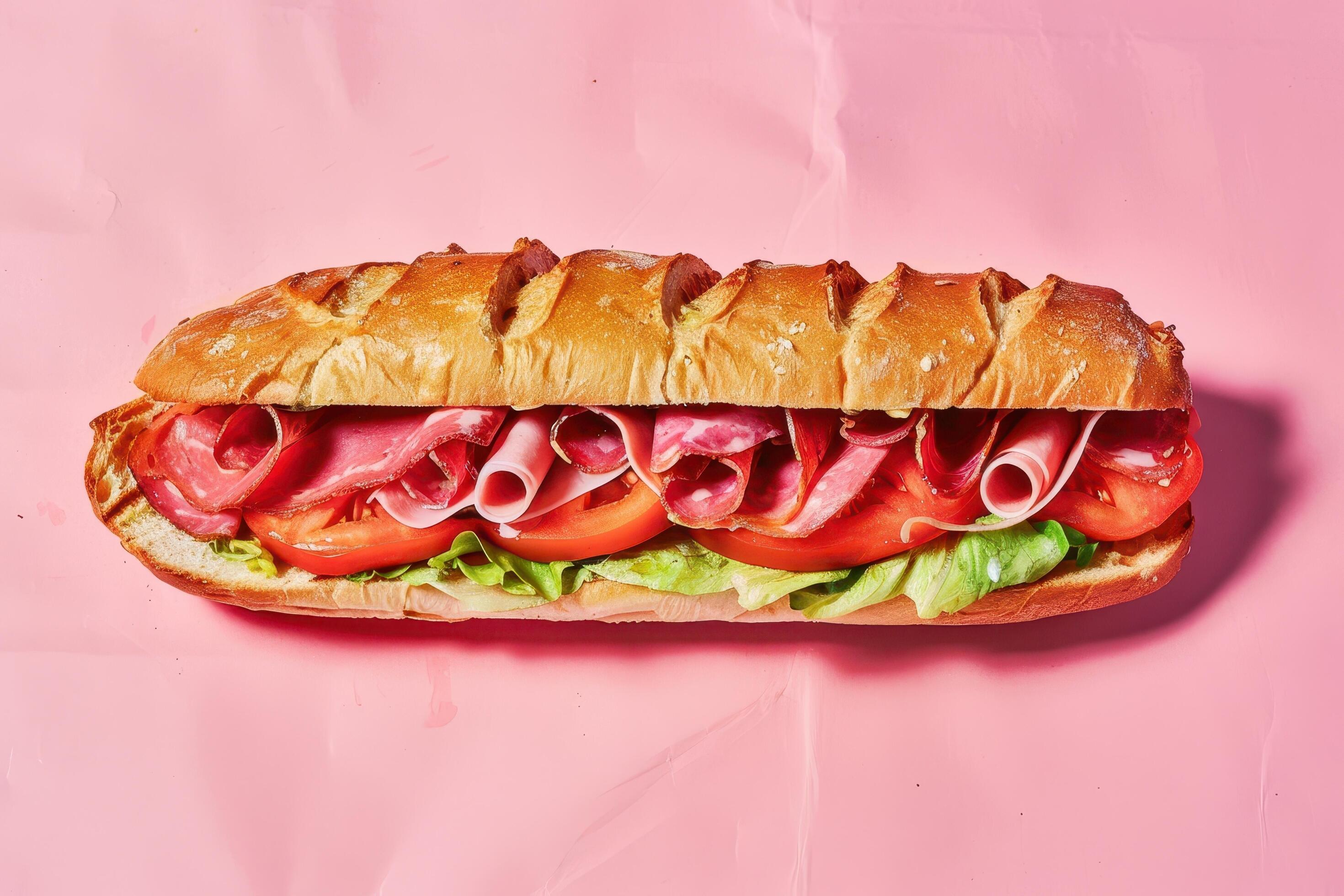 Salami and Ham Sandwich on a Pink Background Stock Free