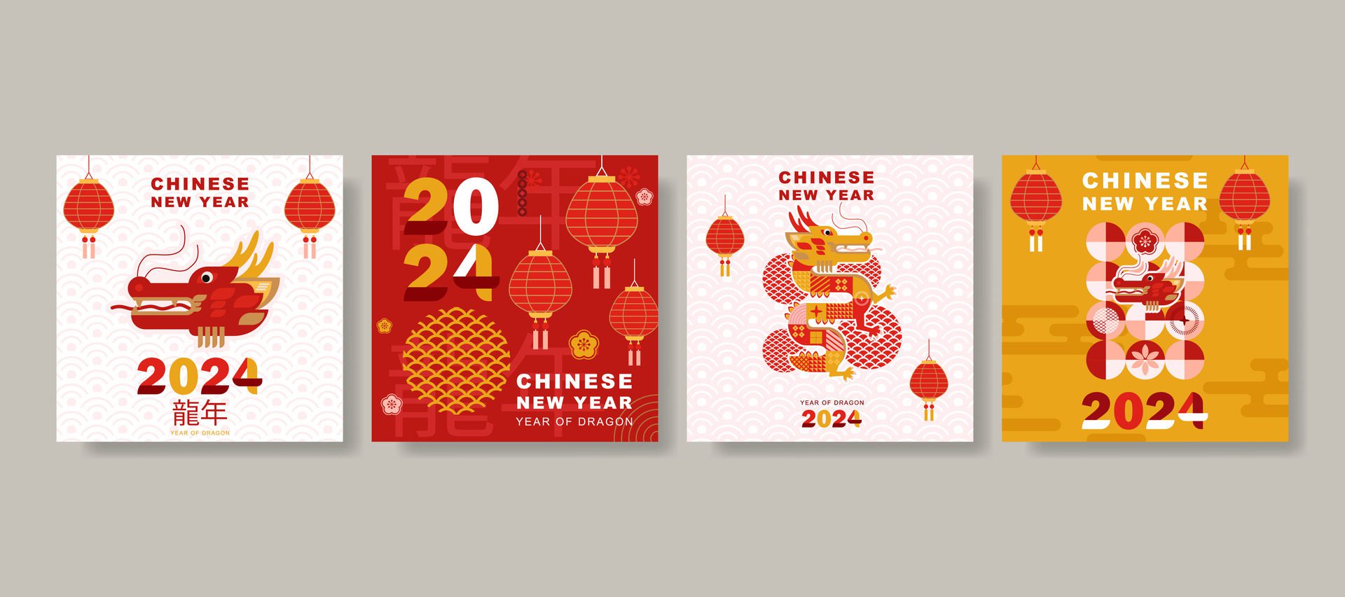 modern art Chinese New Year 2024 design set for social media post, cover, card, poster, banner. Free Vector