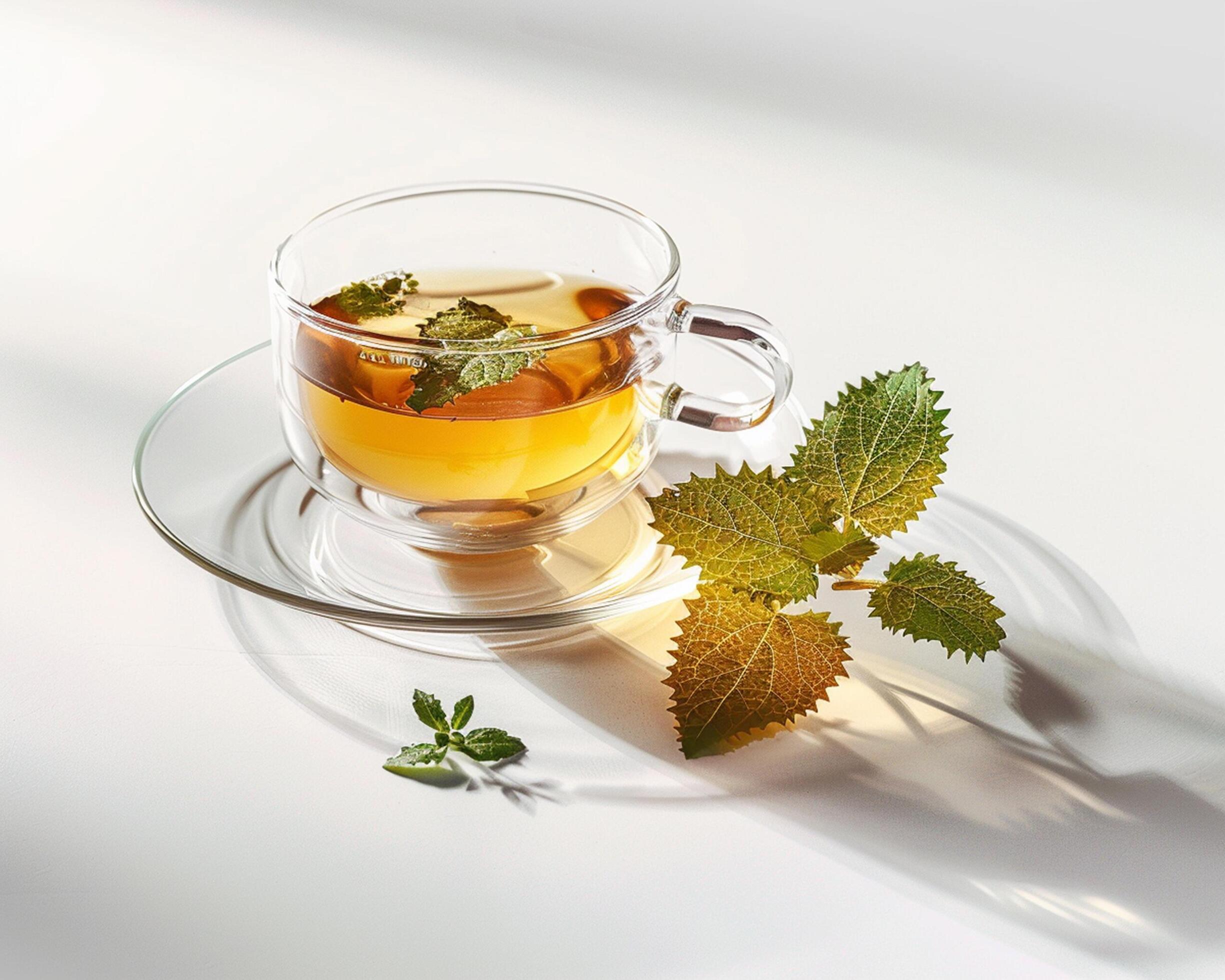 a glass cup of tea with mint leaves on a white surface Stock Free