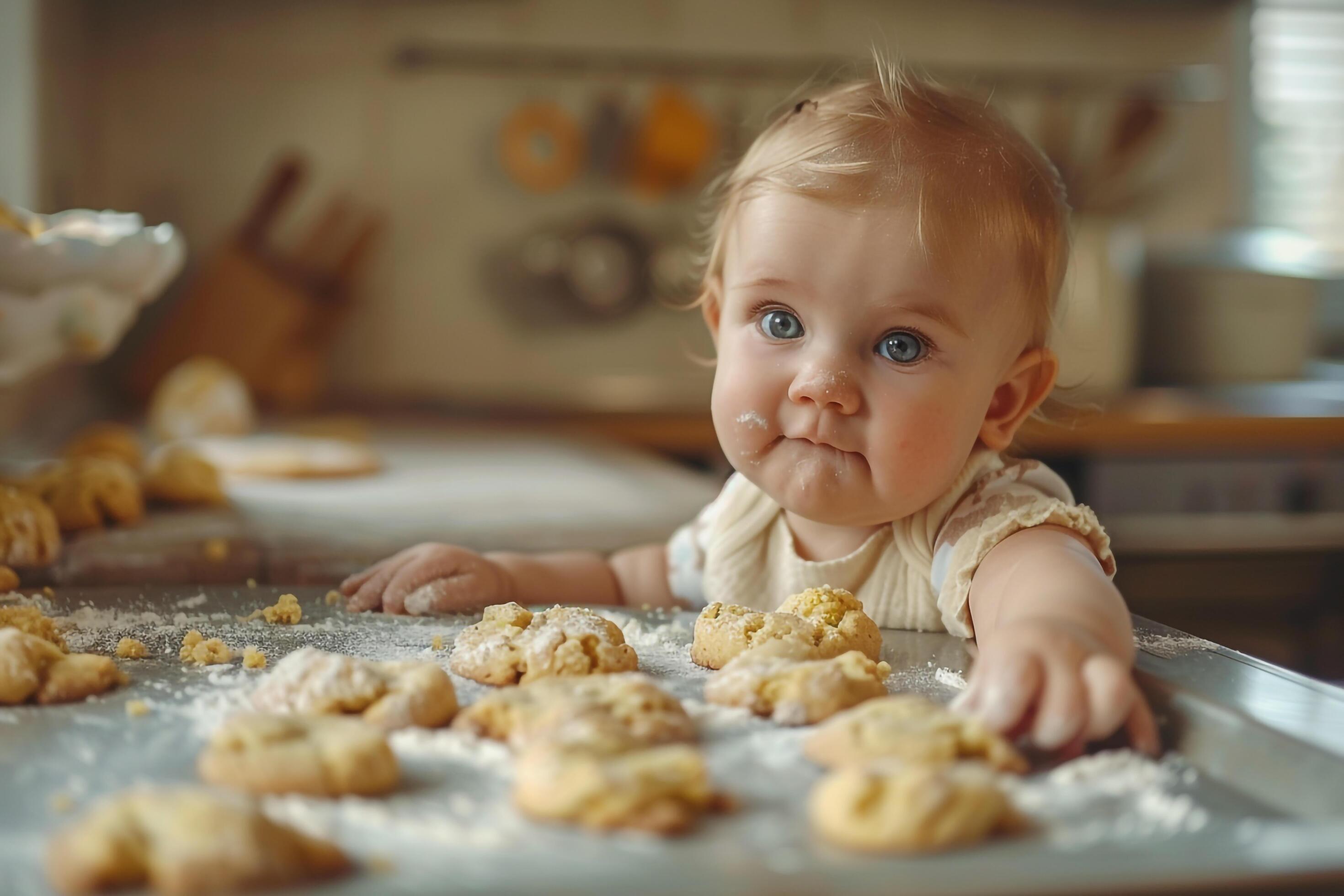 
									Baby Helping to Bake Cookies in a Kitchen for Enjoyable Family Baking Moments Stock Free