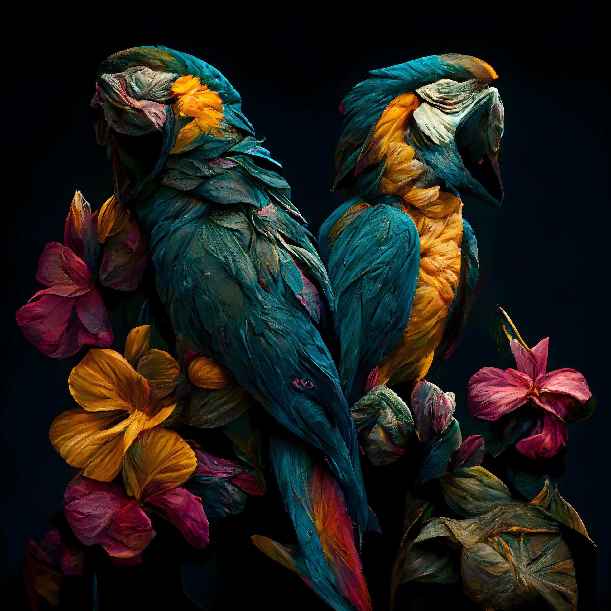 Beautiful parrots with flowers on a black background. Toned., Image Stock Free