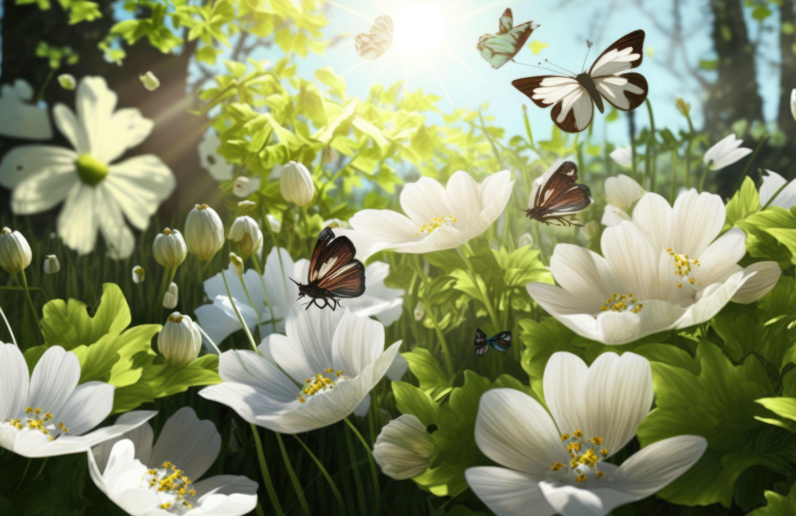 Forest glade with lots of white spring flowers and butterflies on a sunny day Stock Free