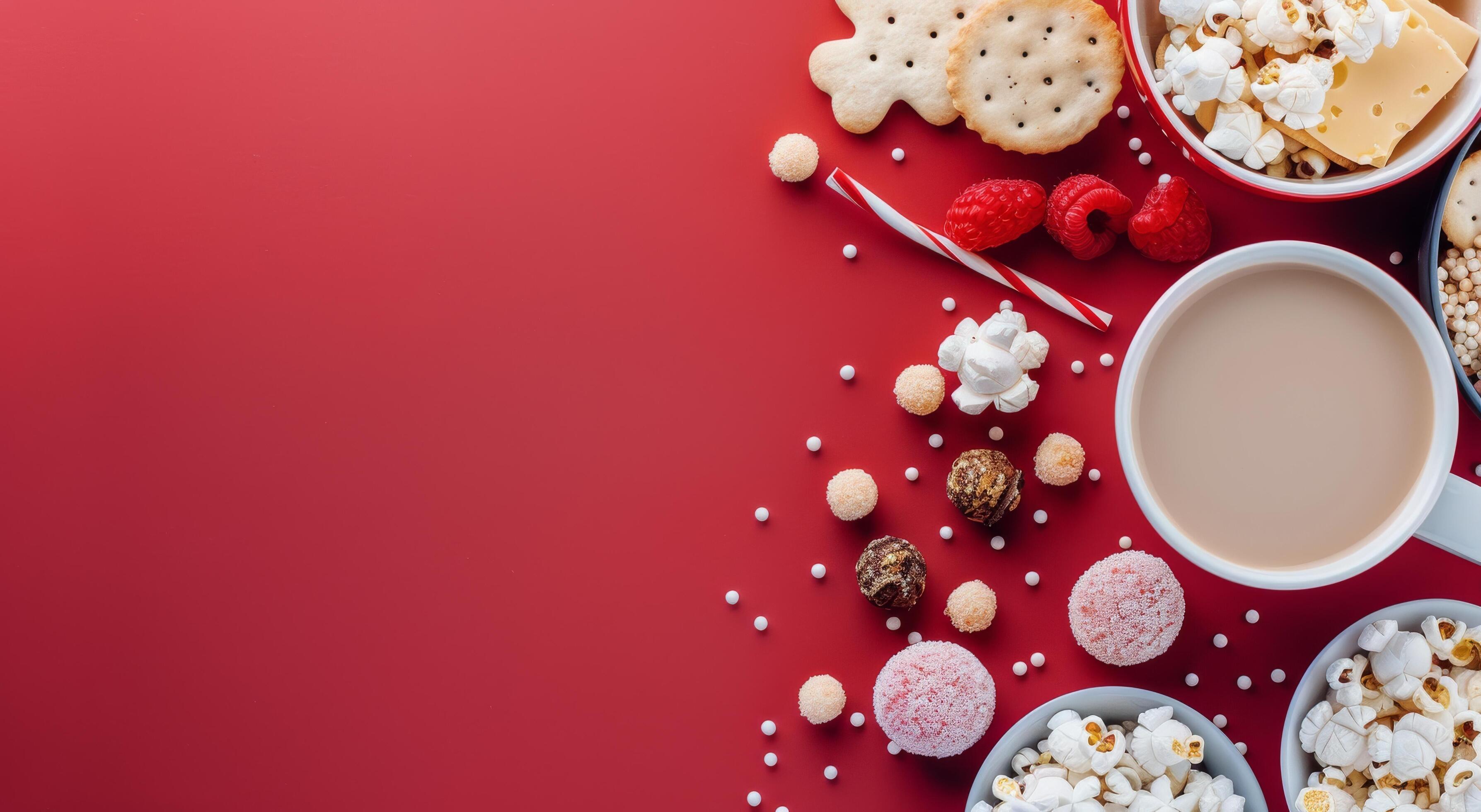 Cozy Hot Beverage and Treats on Red Background With Popcorn and Cookies Stock Free