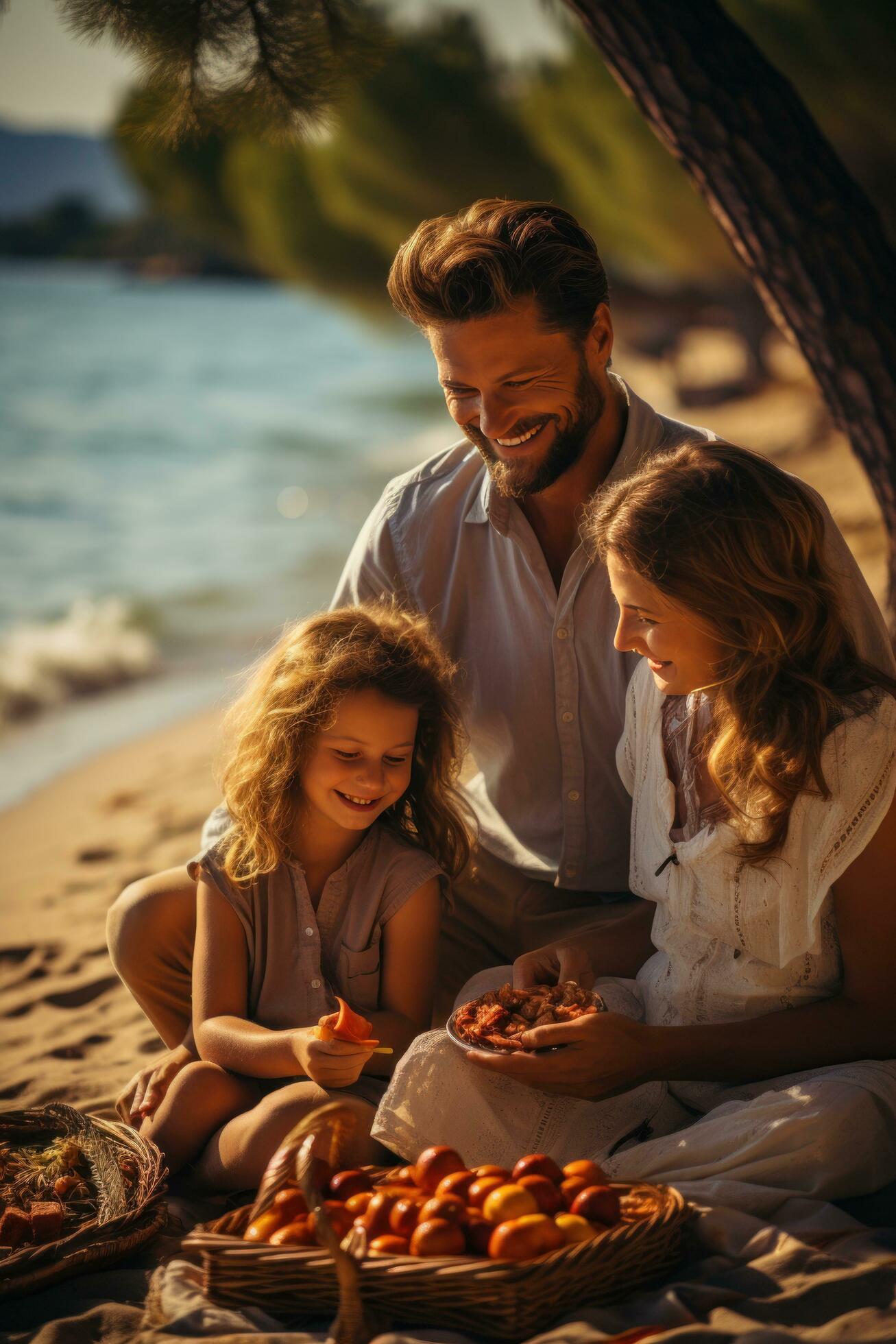 Cheerful family enjoying a picnic on the sandy shore Stock Free