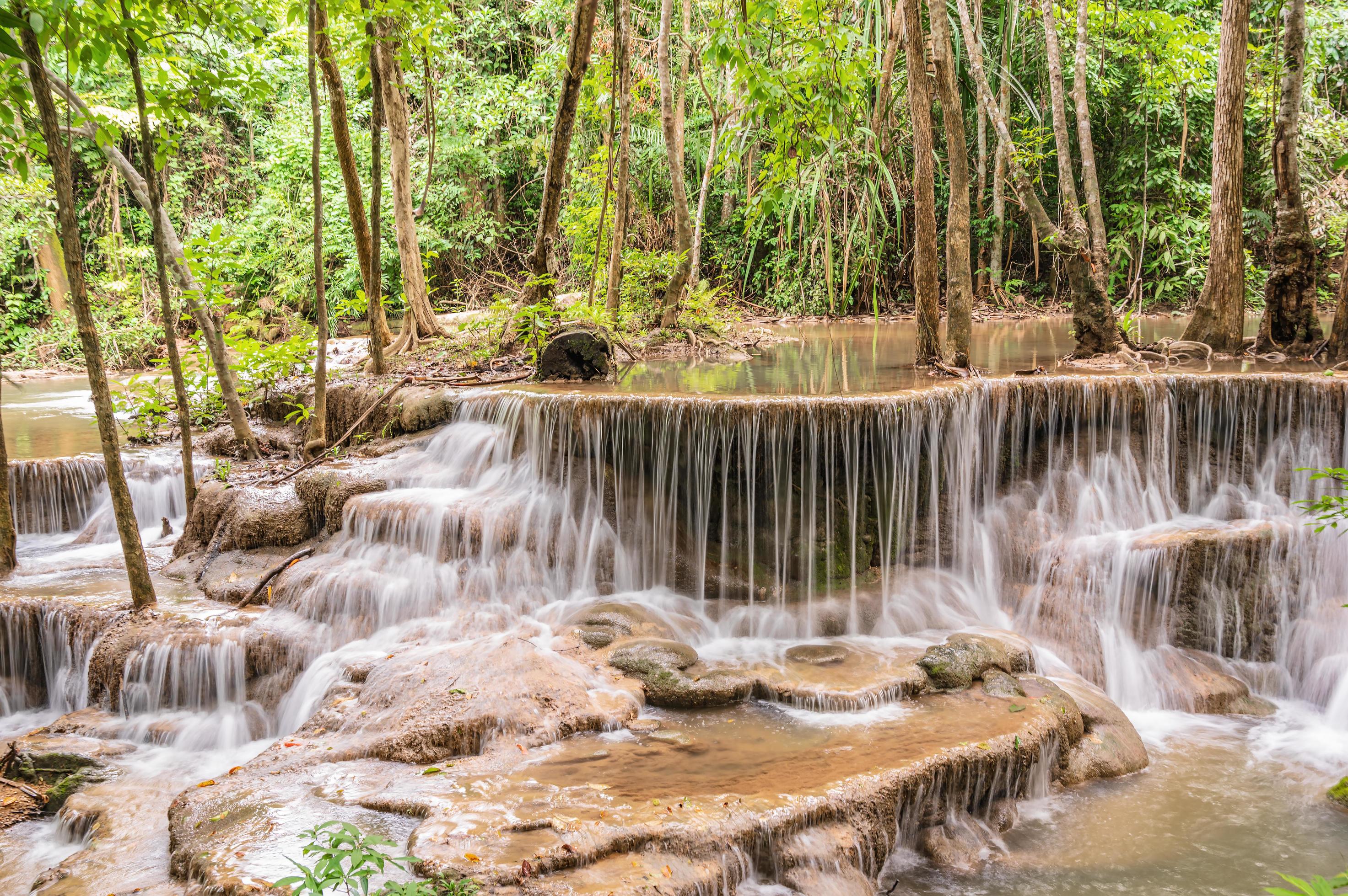 
									Landscape of Huai mae khamin waterfall Srinakarin national park at Kanchanaburi thailand.Huai mae khamin waterfall sixth floor Dong Phi Sue Stock Free