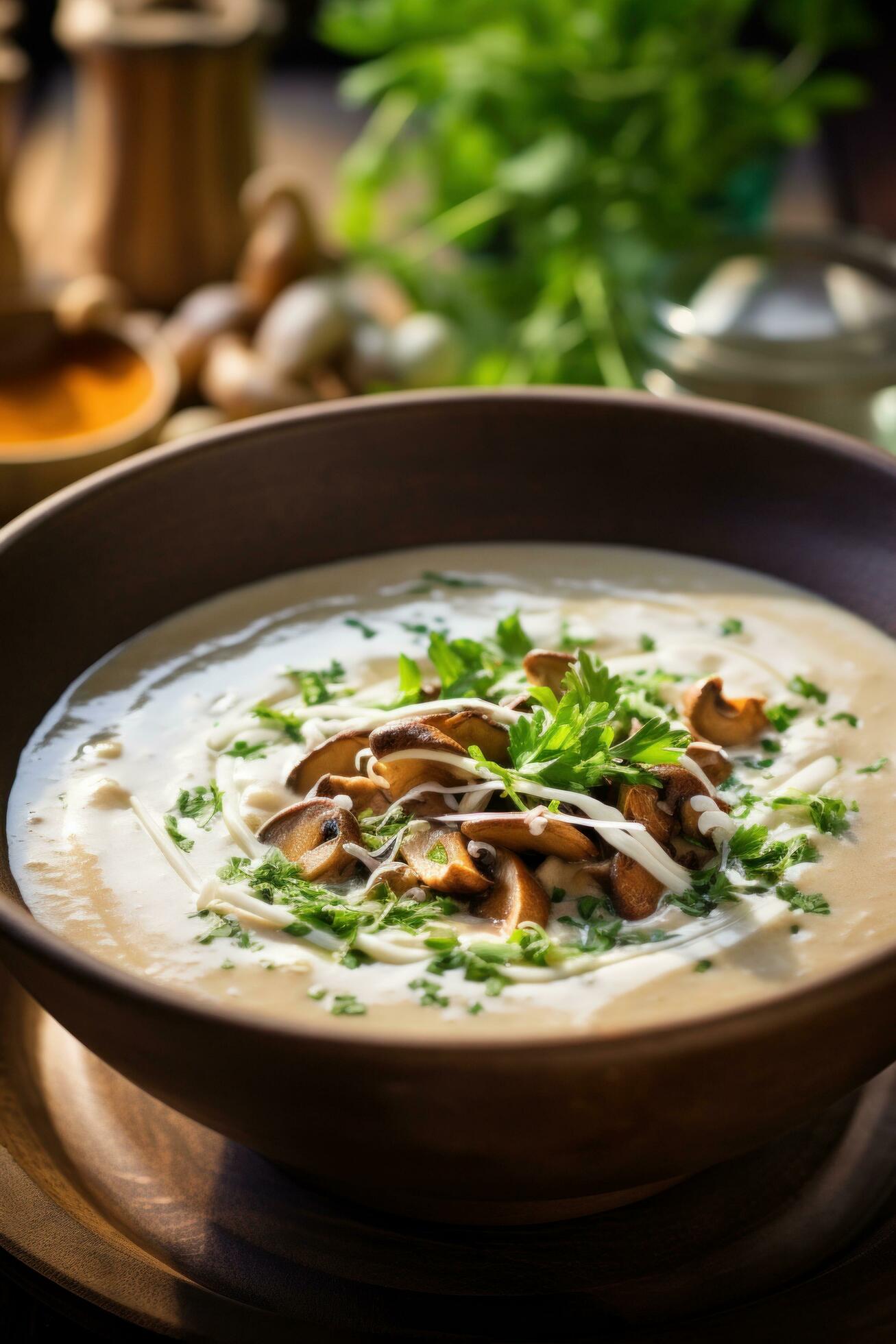 A rich mushroom soup with earthy shiitake mushrooms and a swirl of cream for added decadence Free Photo