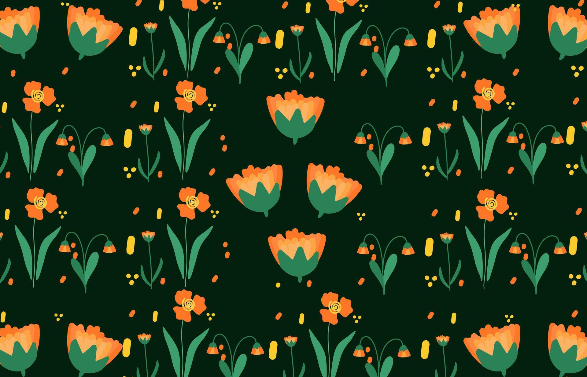 Seamless Wild Spring Pattern for Fabric, Textile, Wallpaper, and Design Projects. Wild Orange flowers on Dark Green Background Stock Free