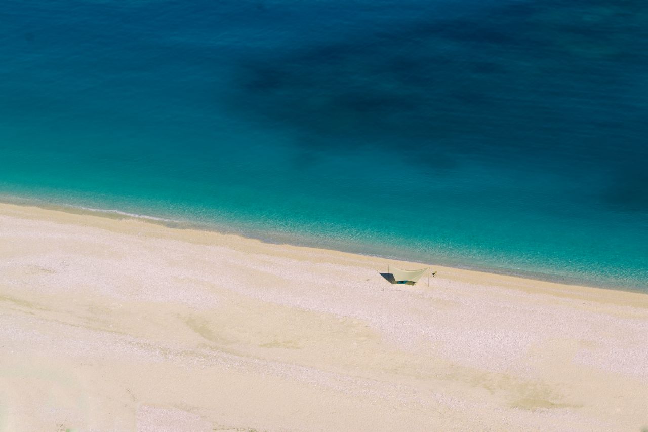 Aerial View of the Beach and sea in Myrtos Beach, Greek Island of Kefalonia Stock Free