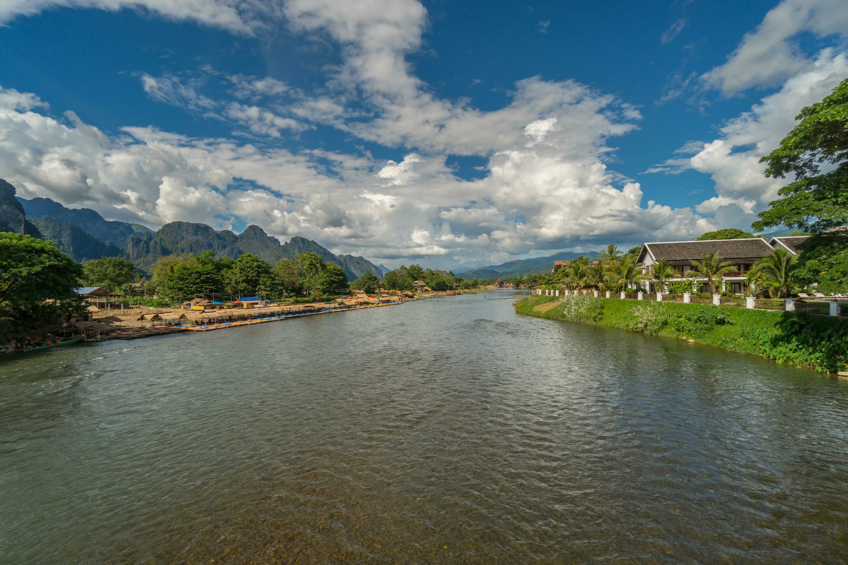 Landscape and nam song river in Vang vieng, Laos. Stock Free