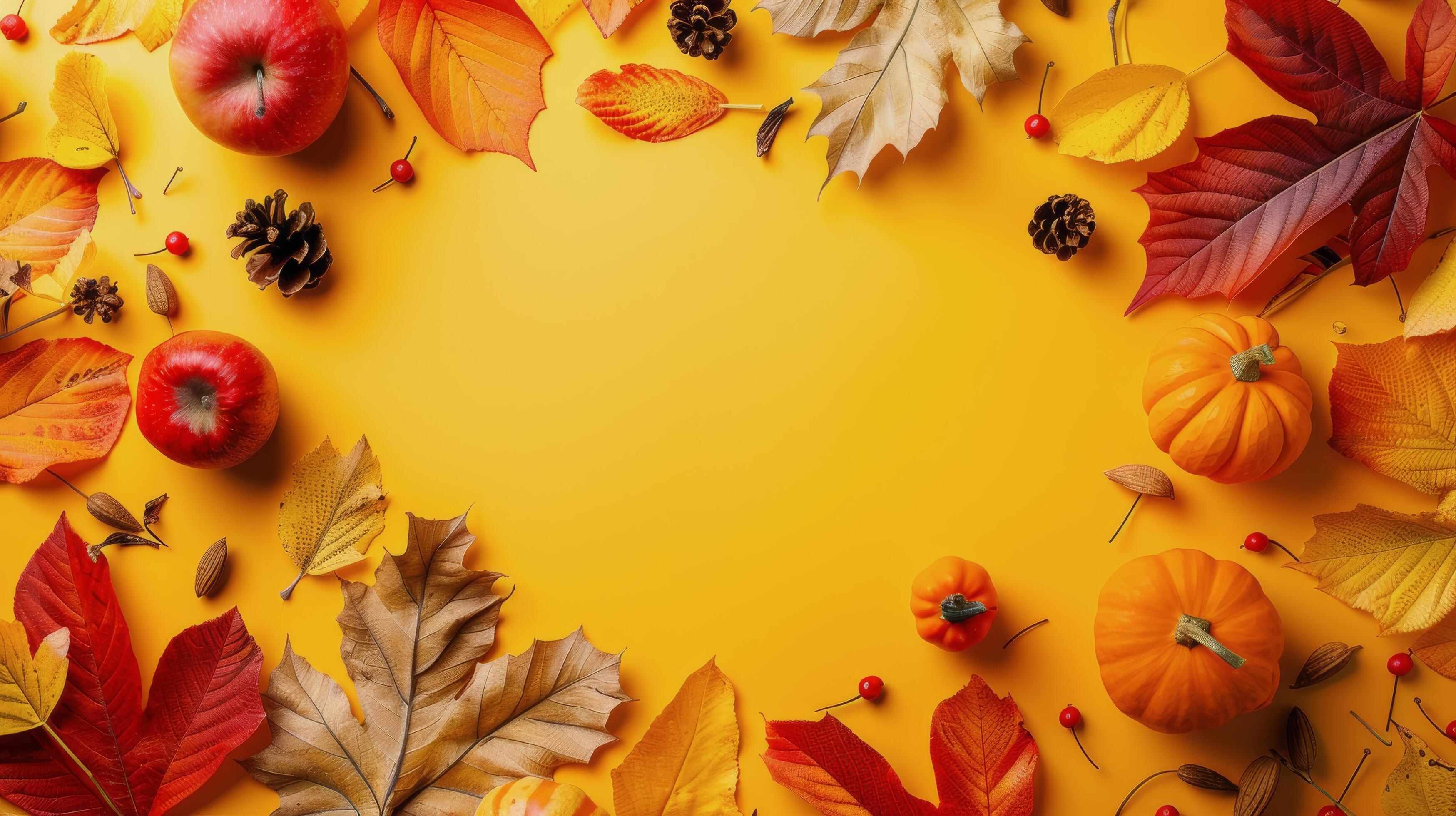 Autumn Leaves on Yellow Background Stock Free