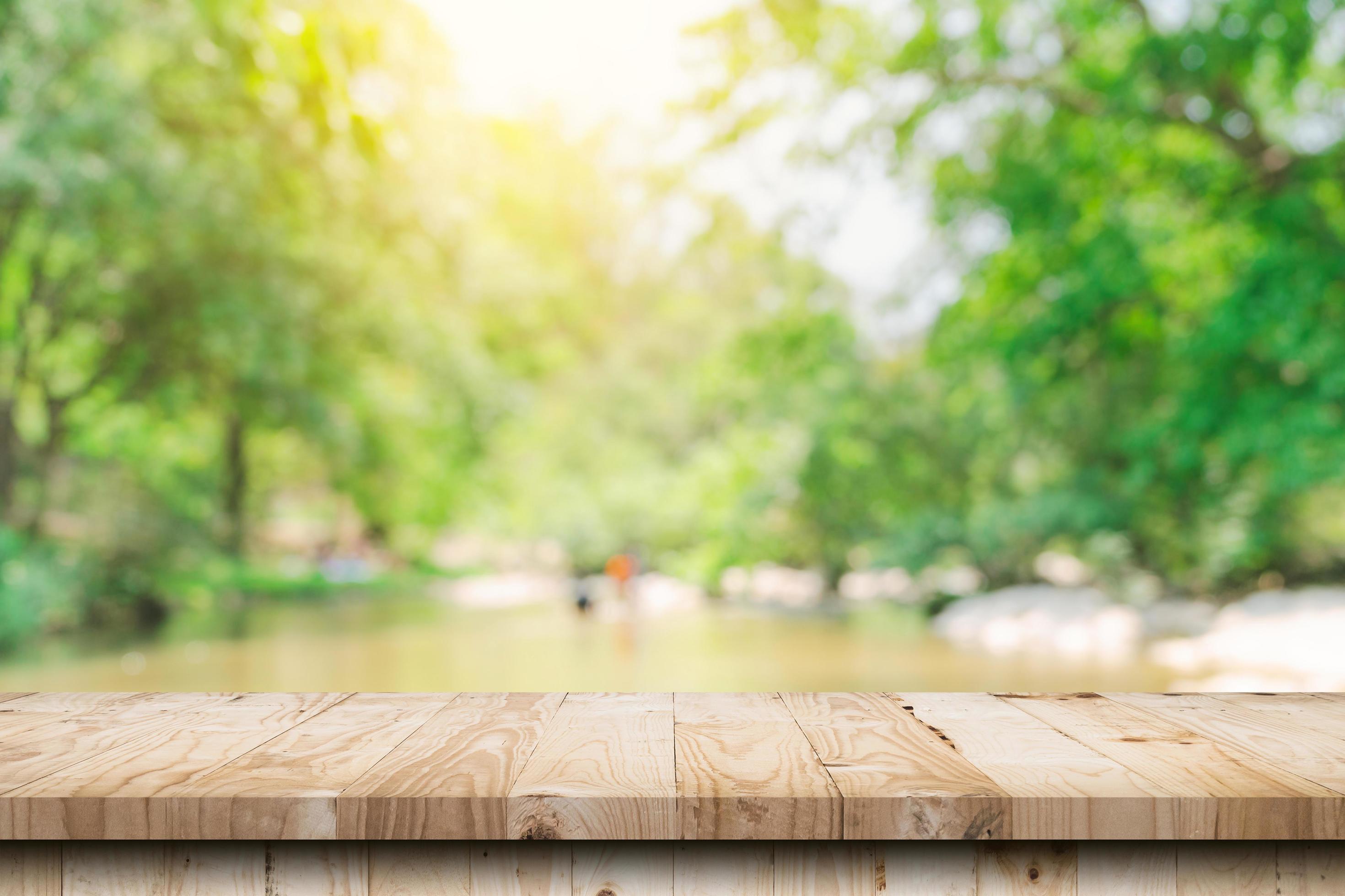 Wooden table and blurred green nature garden background with copy space Stock Free