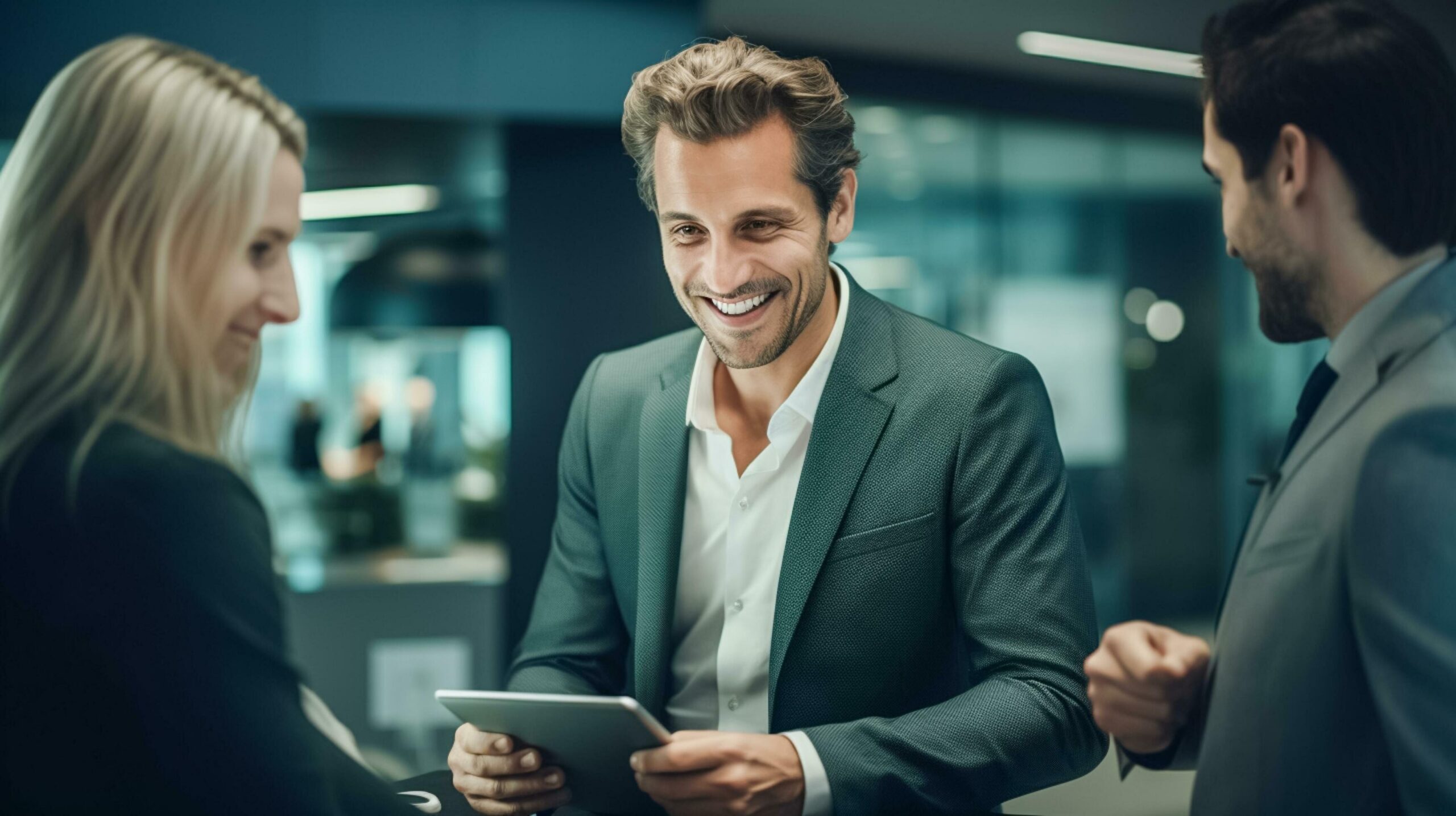 Businessman wearing suit using tablet and smiling with colleague in office. AI Generated Free Photo