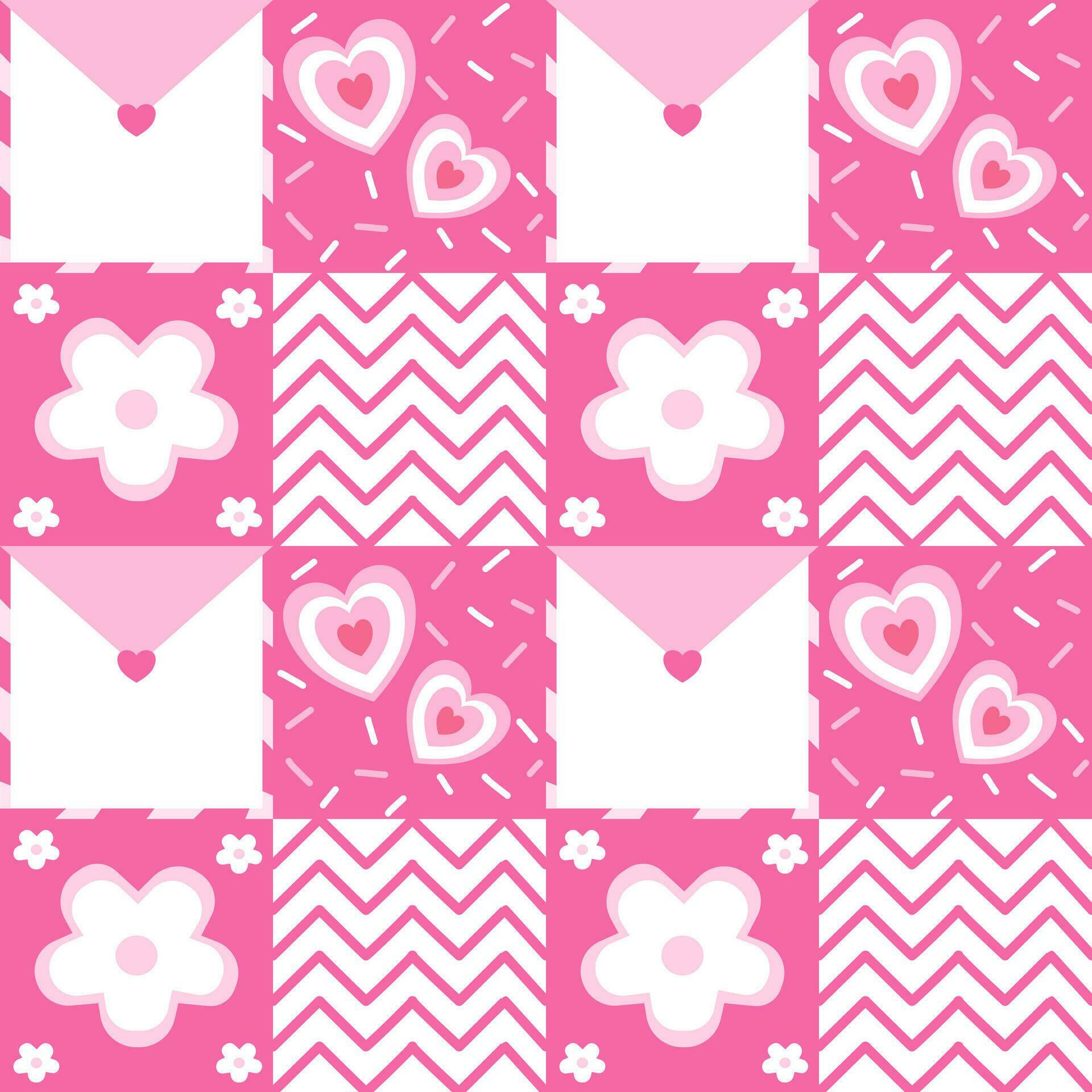 Pink valentine seamless pattern with flat geometric shape, heart, flowers, line, love letter for design, leaflet, paper wrap Stock Free