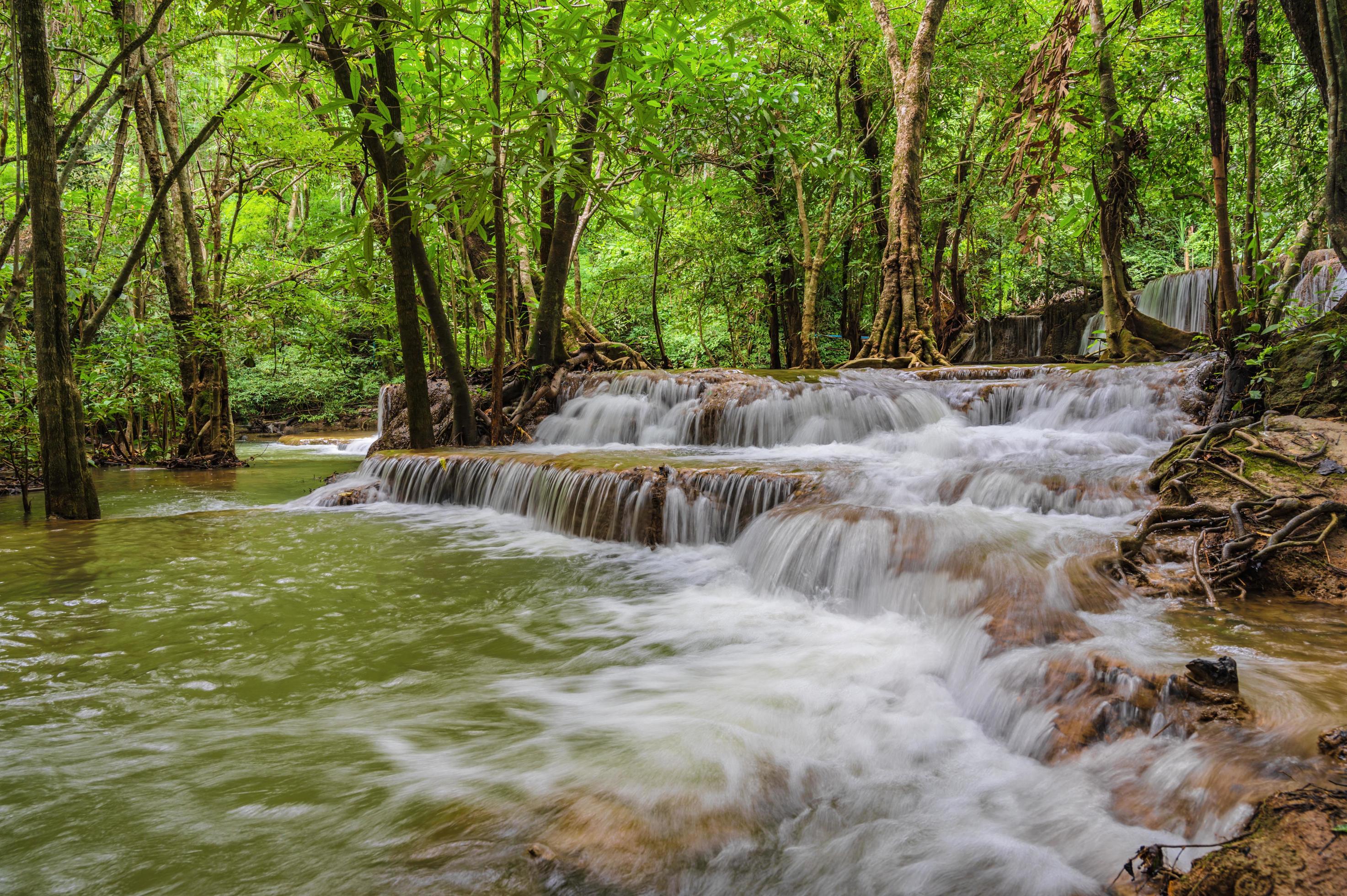 Landscape Waterfall of Huai mae khamin waterfall Srinakarin national park at Kanchanaburi thailand. Stock Free