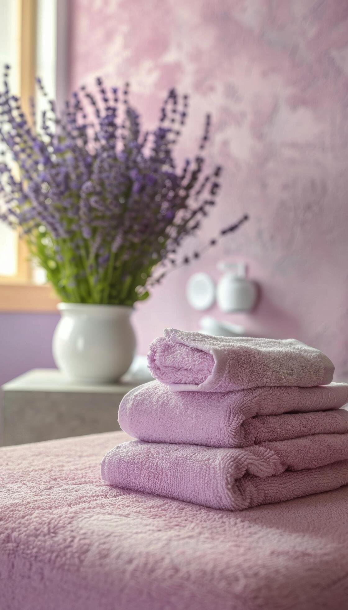 Folded Pink Towels On A Table With Lavender Flowers And A Vase In The Background Stock Free