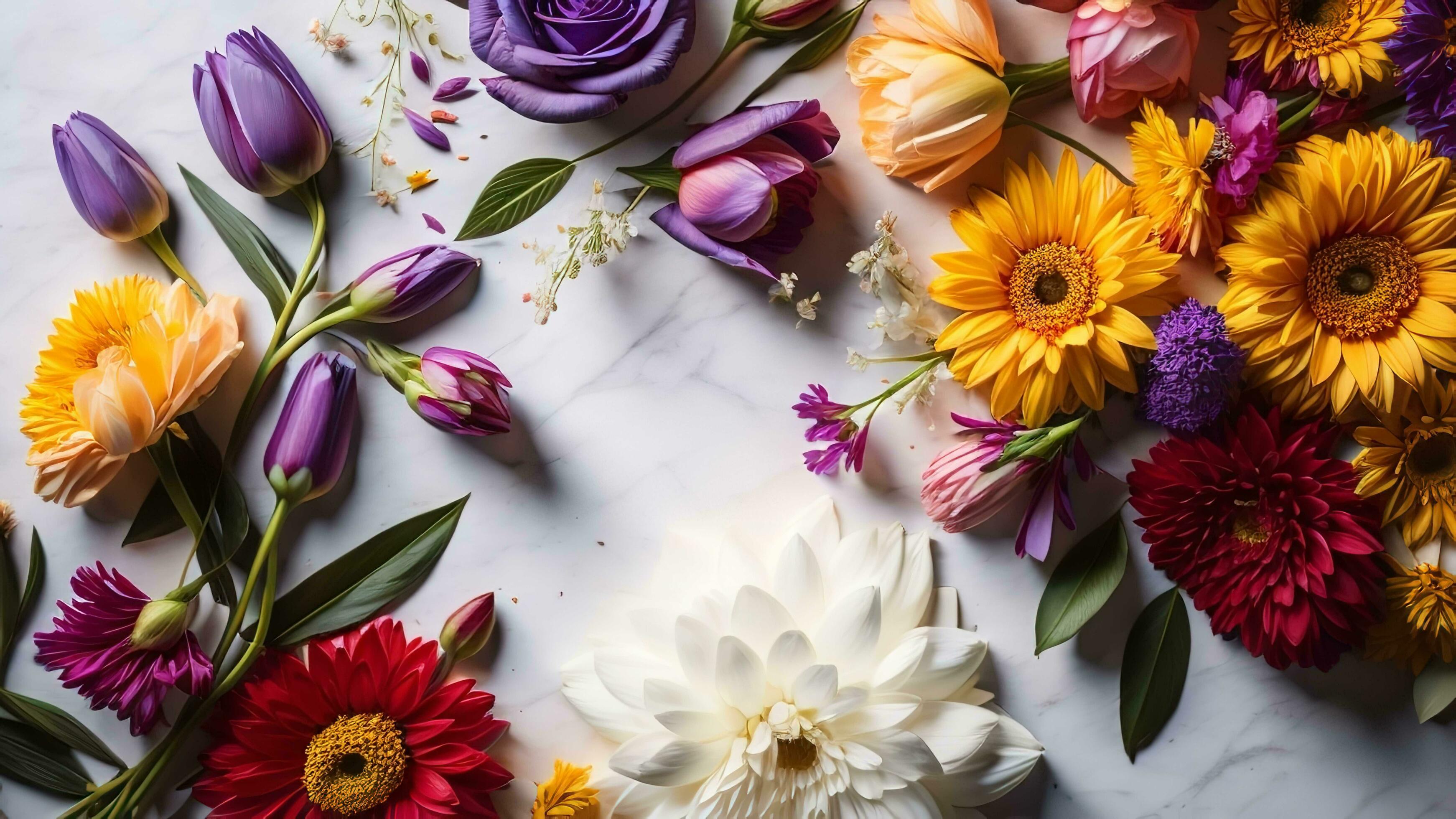 Flowers composition on white marble background. Flat lay, top view. generative ai Stock Free