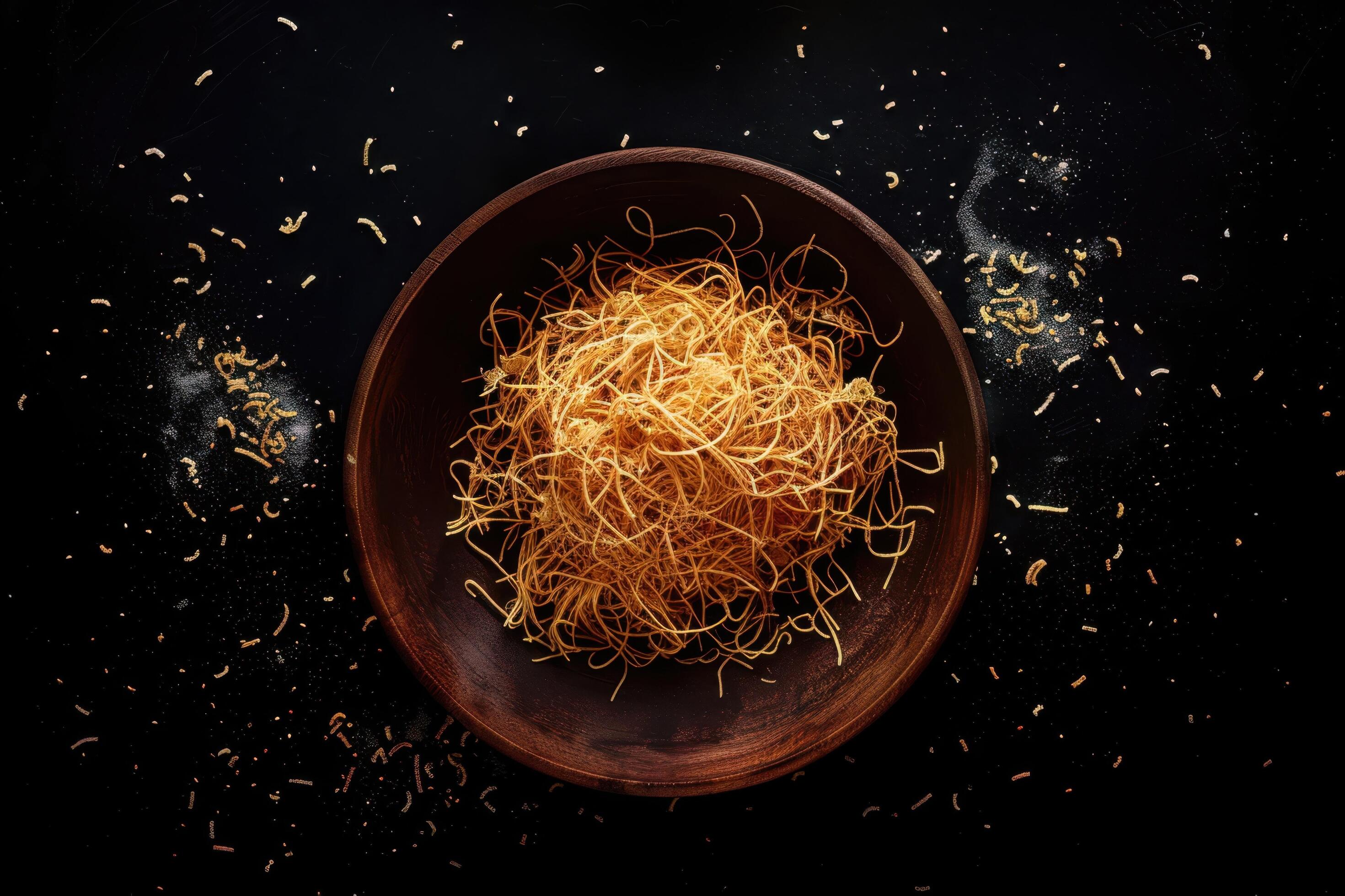 A Bowl of Vermicelli Noodles with Scattered Pieces on a Black Background Stock Free