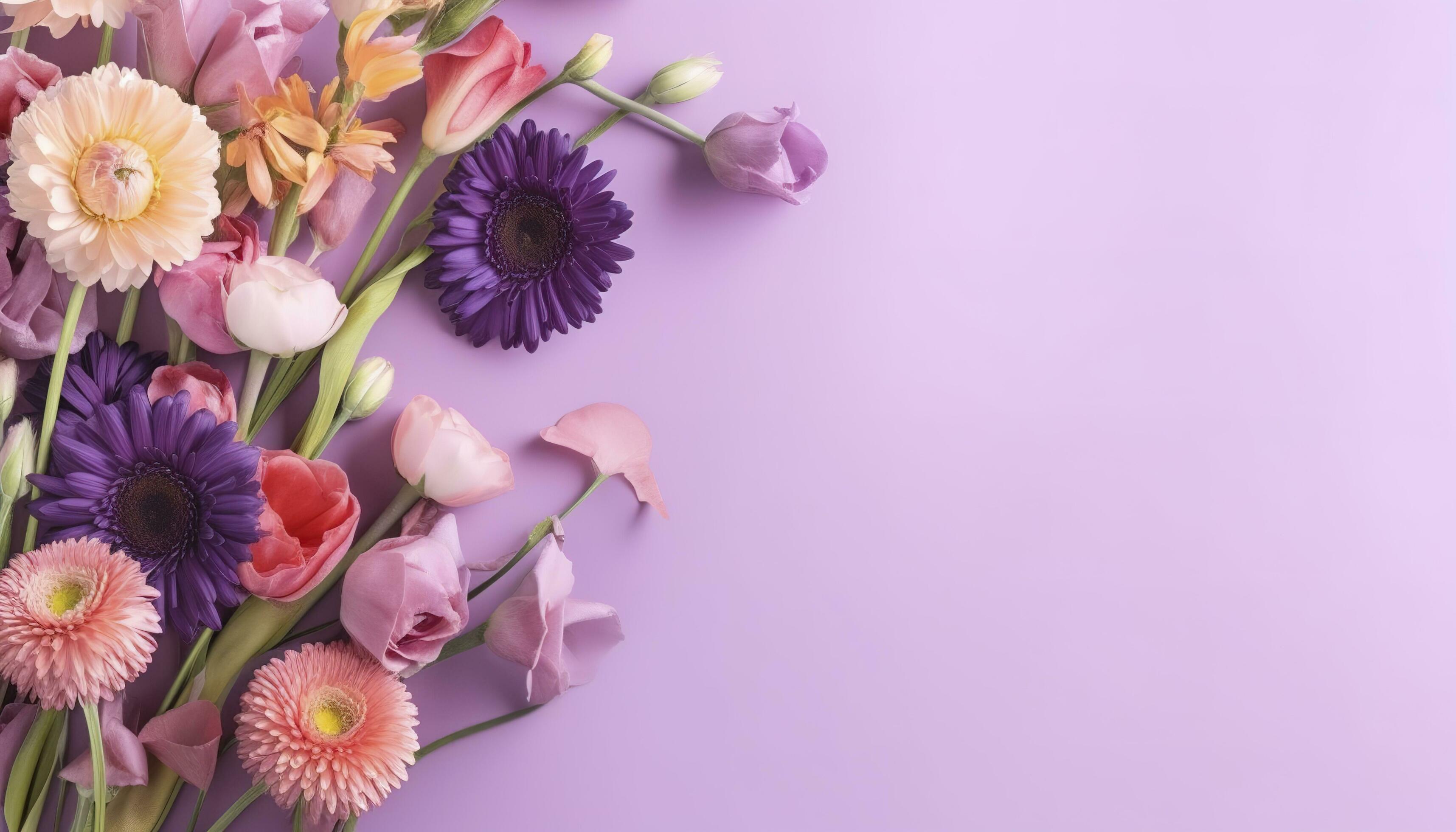 multicolored spring flowers on purple background , generate ai Stock Free