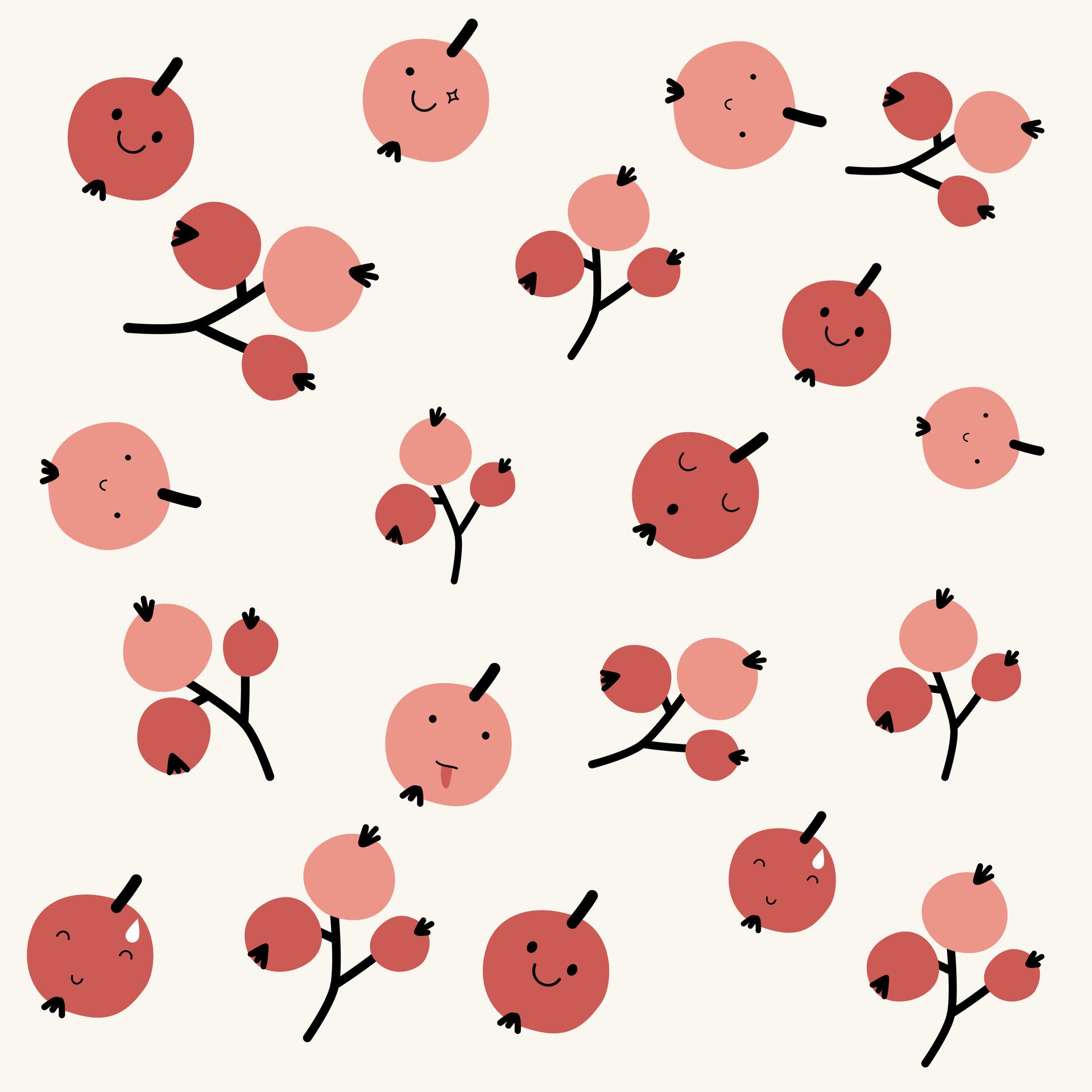 Cute hand drawn berry with face expression character pattern. Cute fruit face expression Character. Pastel background Free Vector