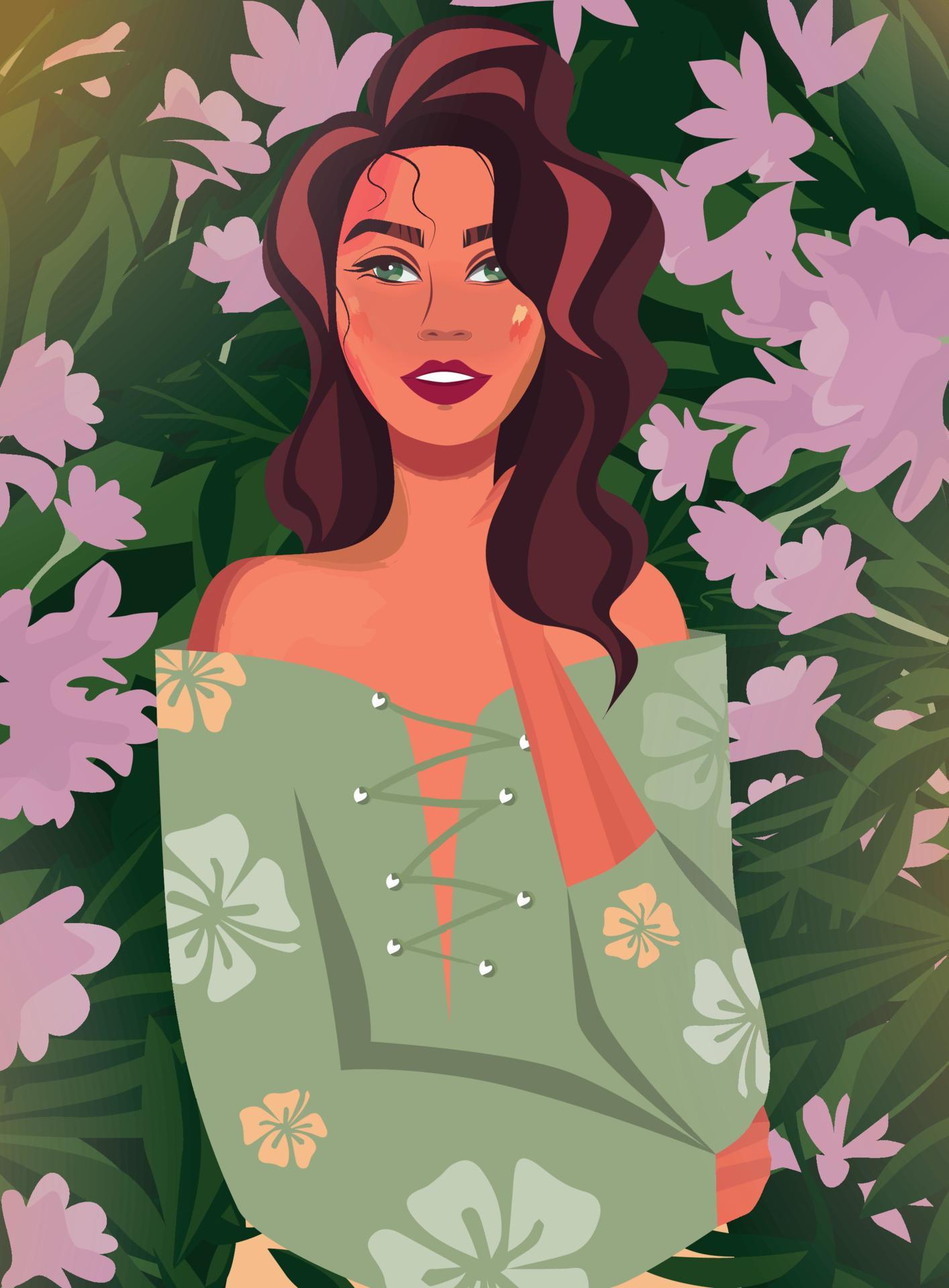 Digital illustration of a portrait version of the harmony of a happy girl in nature in flowers and leaves of greenery Stock Free