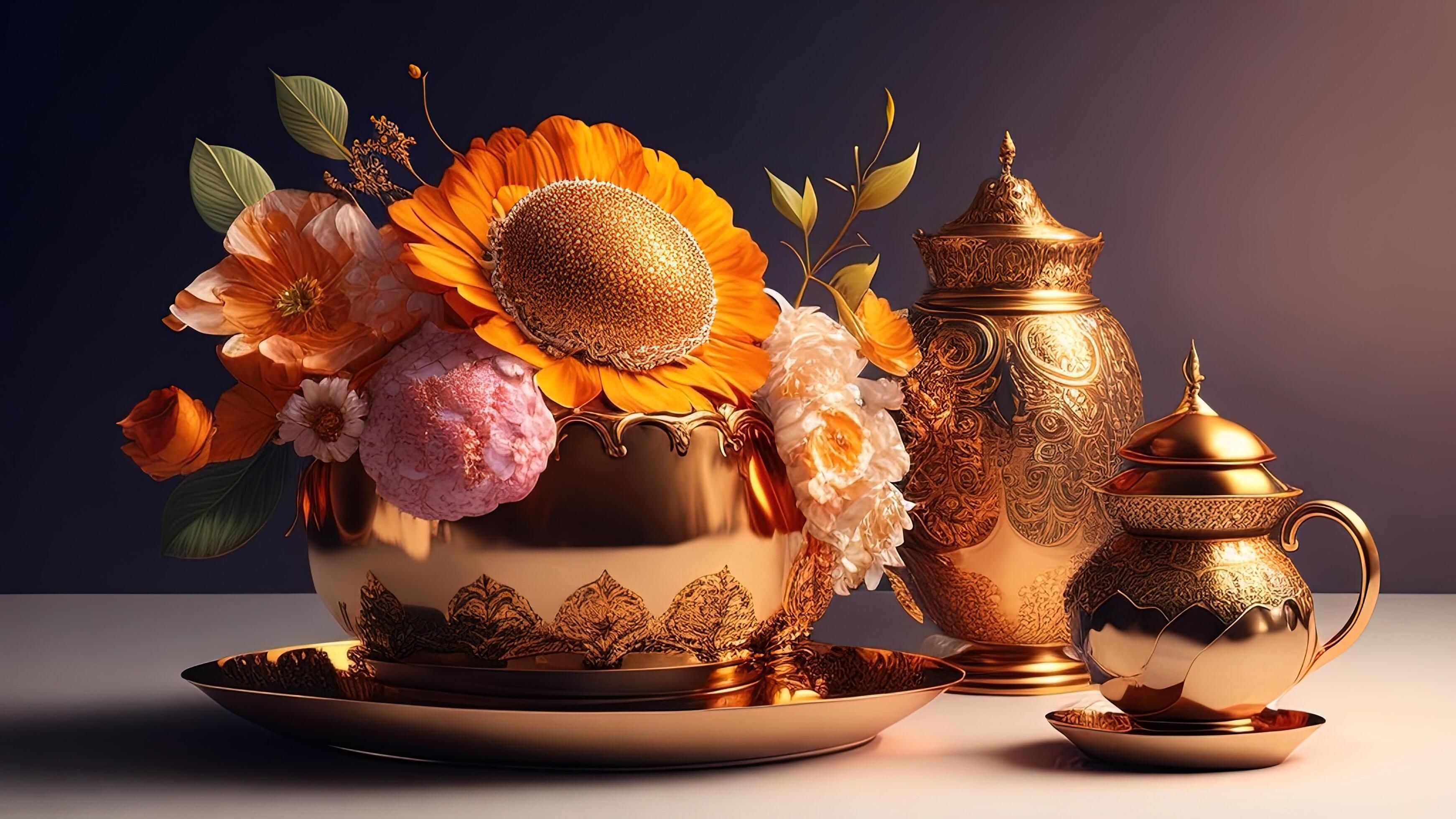 3d illustration of golden vase with flowers and teapot. Stock Free