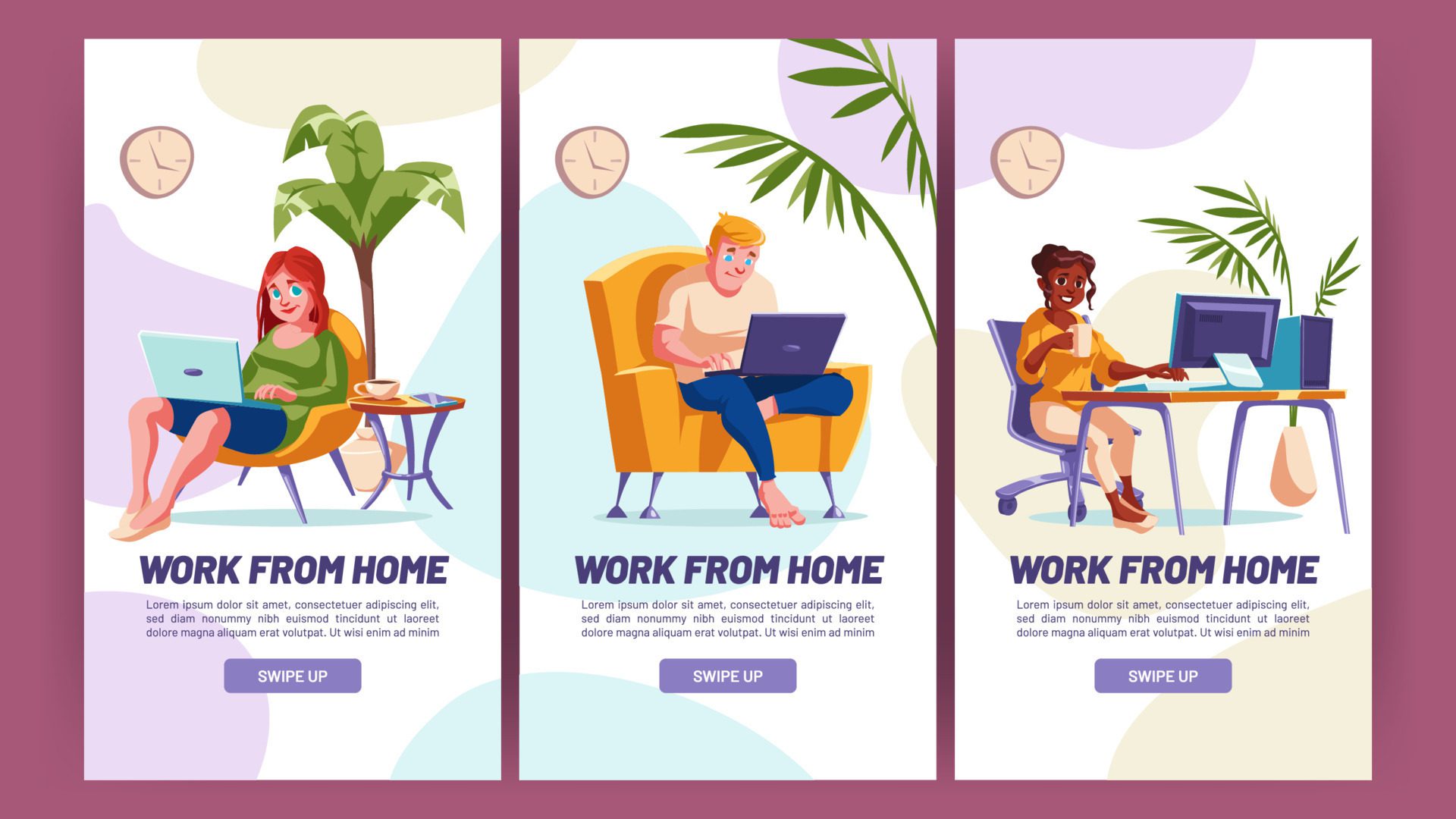 Work from home cartoon web banners, onboard screen Free Vector