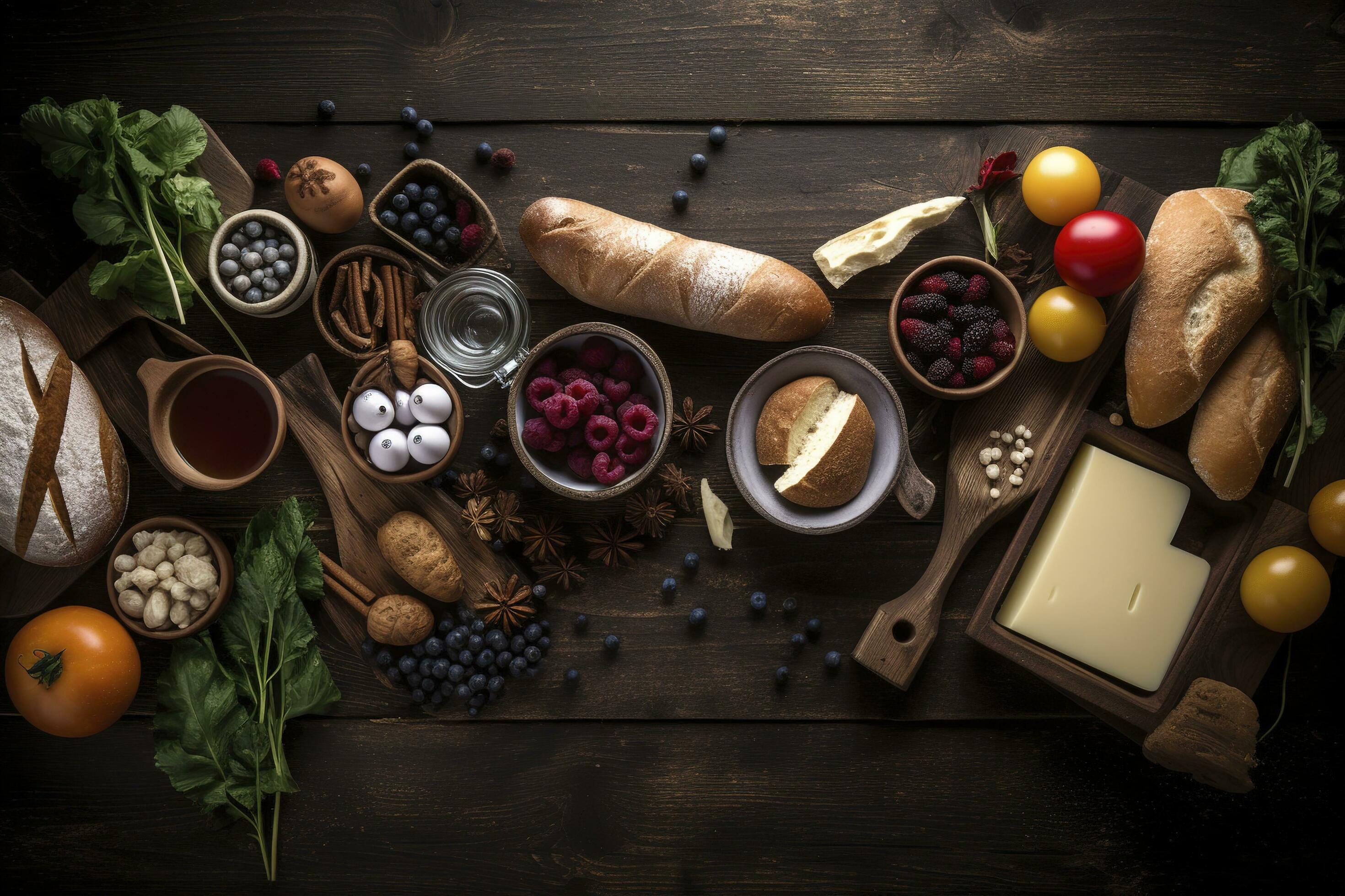 Table scene with a selection of delicious foods. Top view over a dark wood banner background, generate ai Stock Free