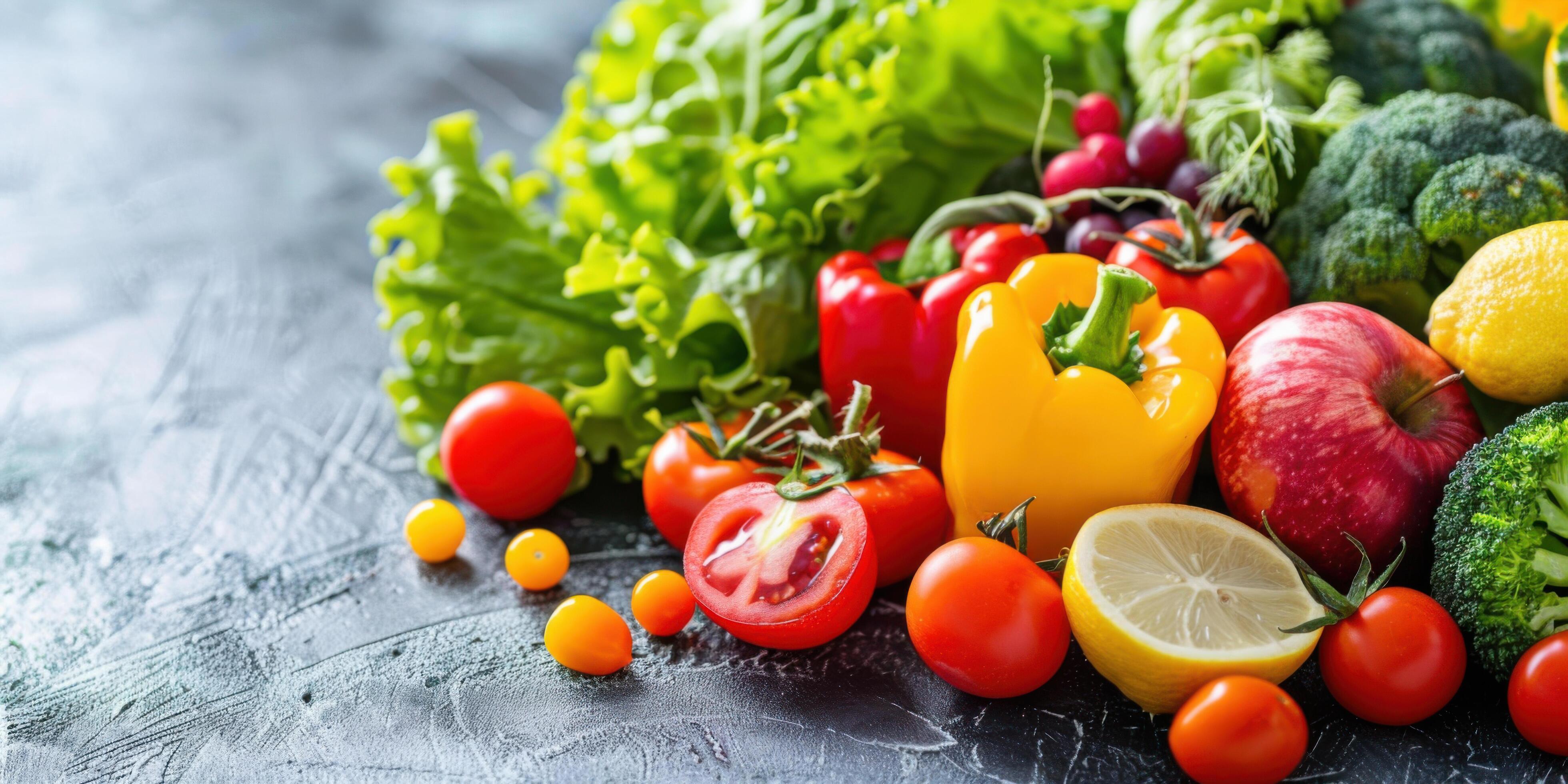 Assortment of colorful fresh vegetables including tomatoes, peppers, and greens, arranged on a rustic surface, showcasing farm-fresh produce. Stock Free