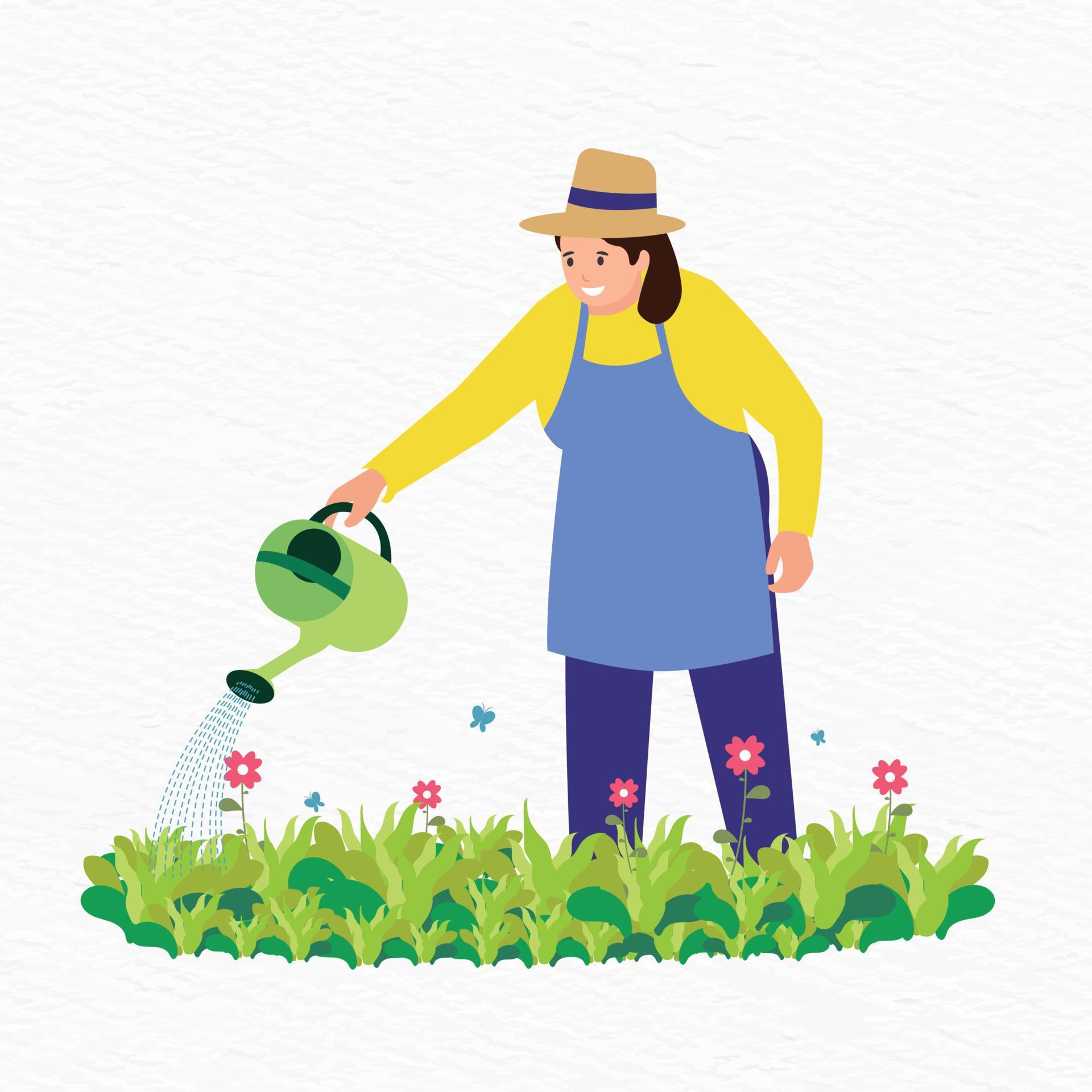 Flat illustration of a woman in a hat and apron watering flower garden Stock Free