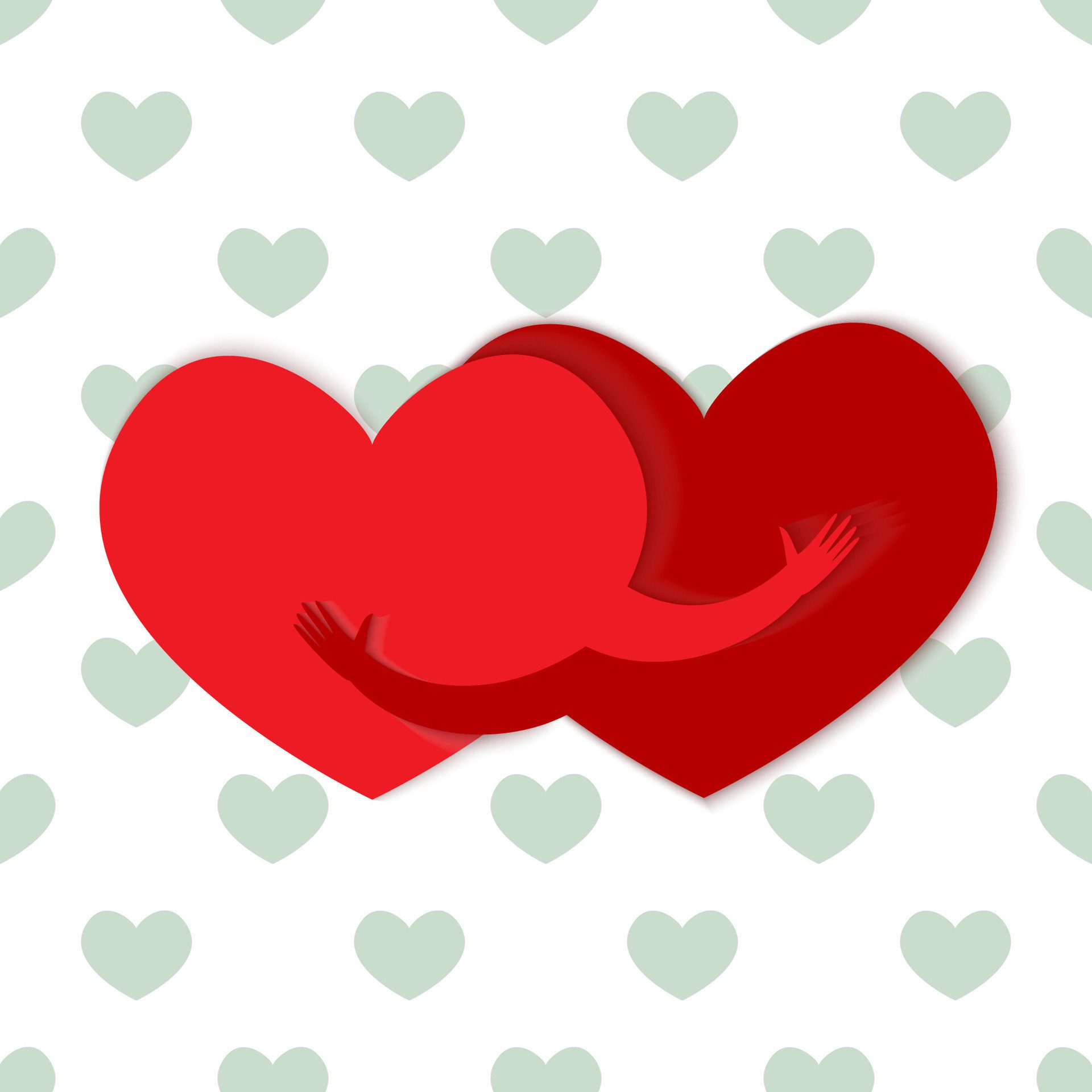 Seamless pattern with two hearts hugging and small hearts on a white background. Free Vector