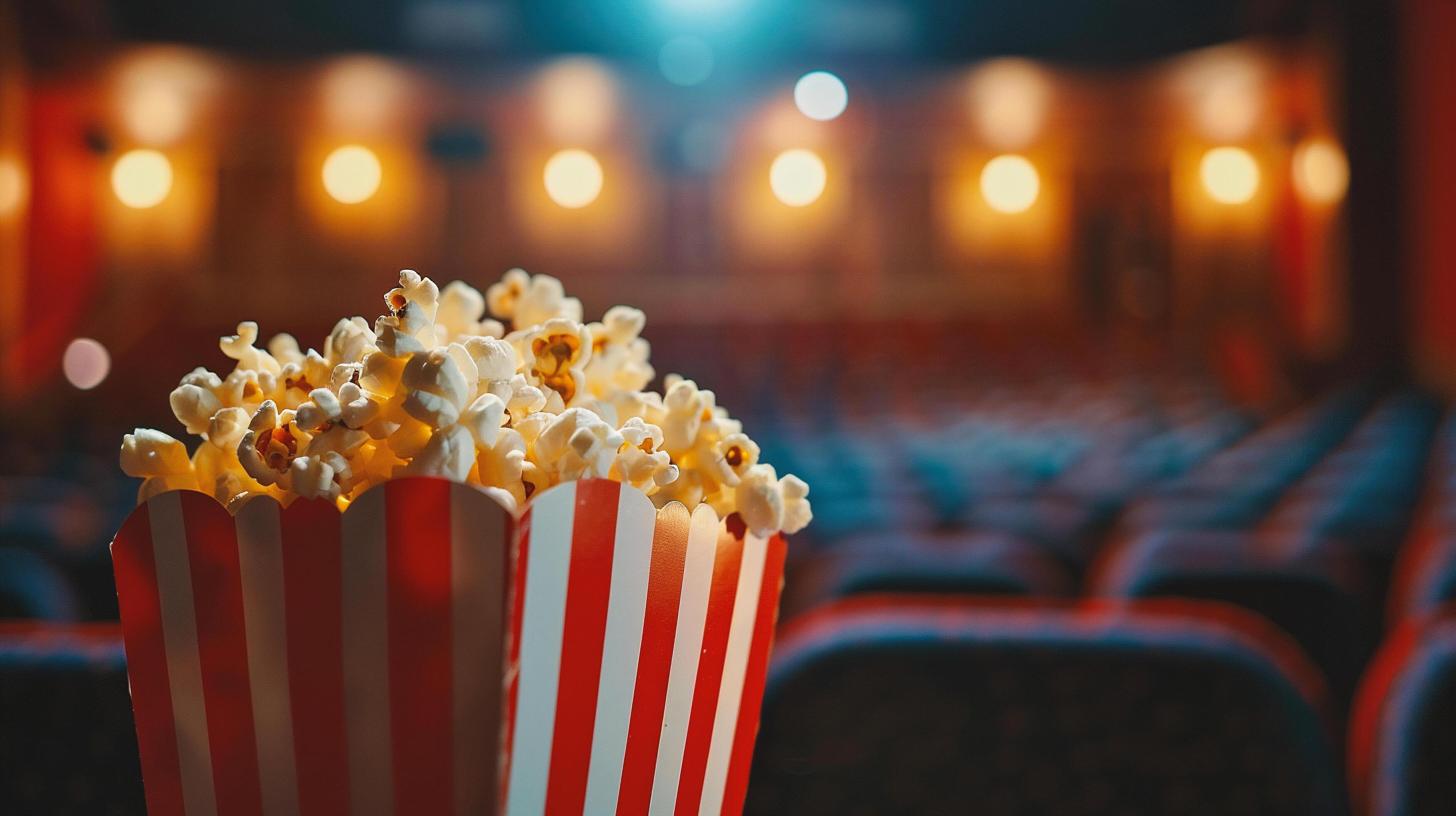 Popcorn in red and white striped box on cinema auditorium background Stock Free