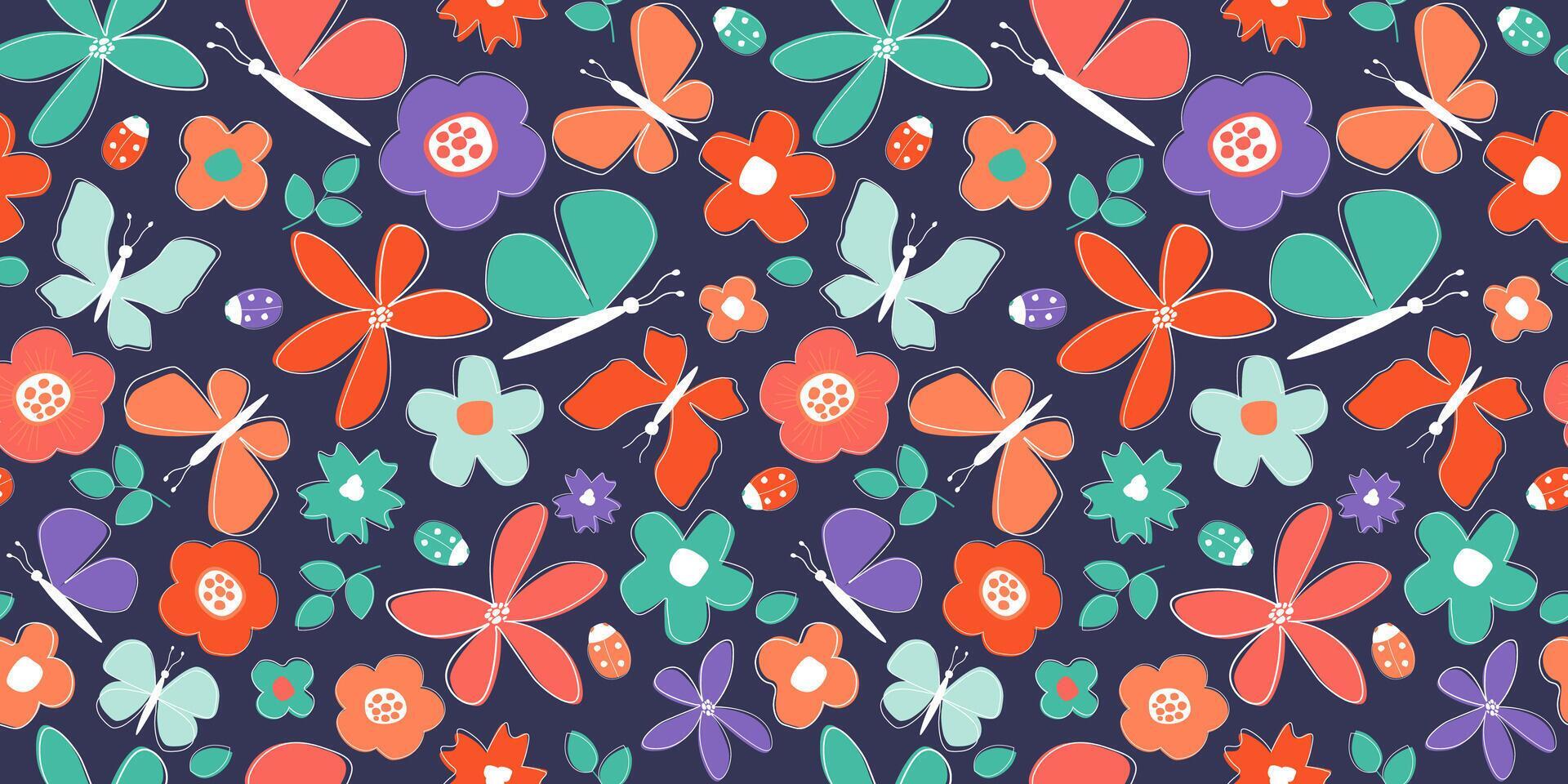 Seamless pattern with abstract flowers, butterflies, leaves. Summer natural simple print. Vector graphics. Stock Free