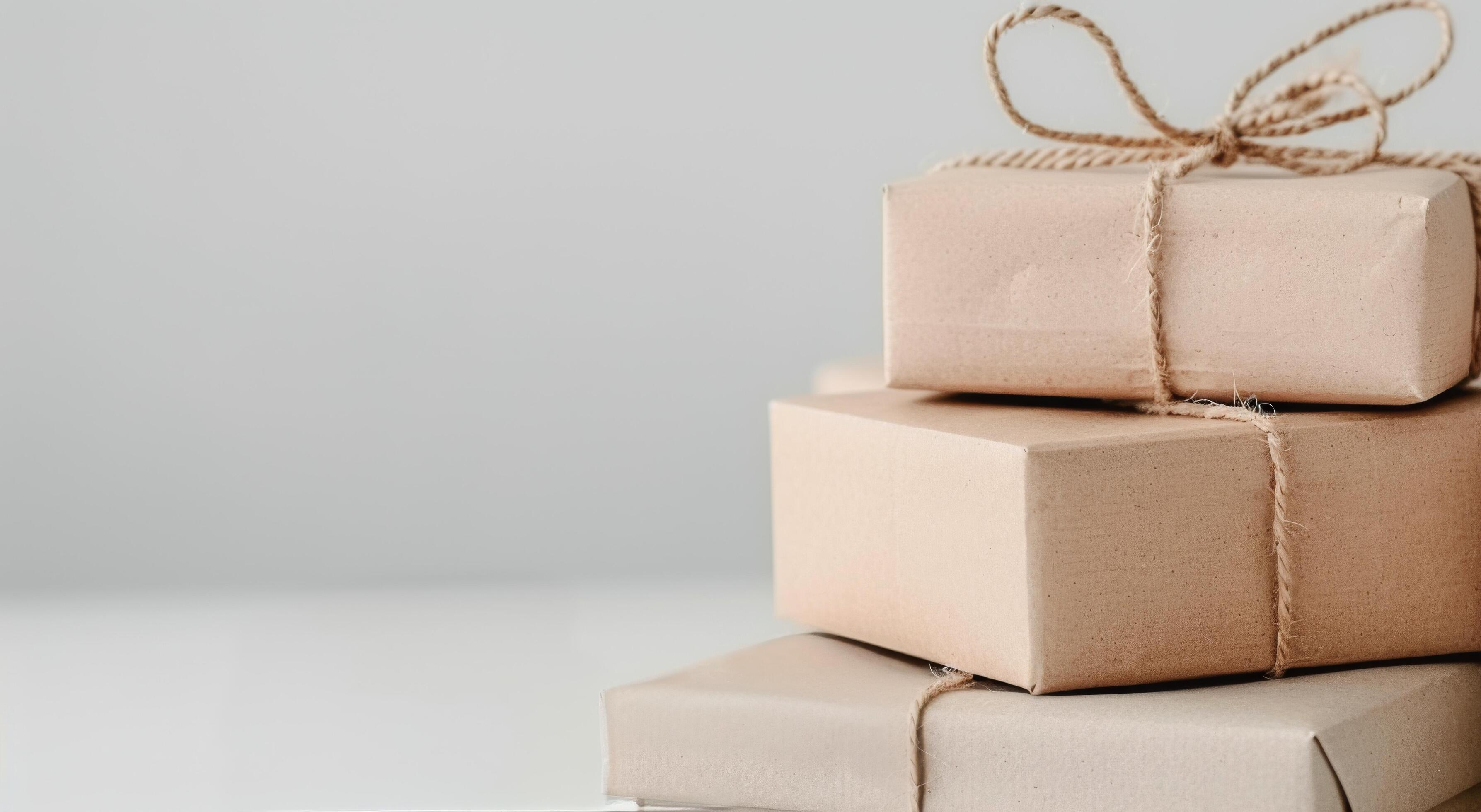 Brown Wrapped Gifts Tied With Twine on a Minimalist Background Stock Free