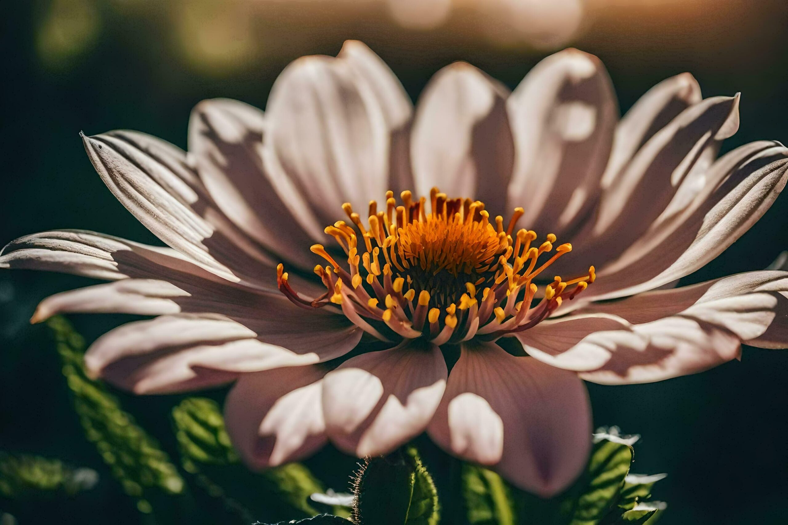 a single pink flower with the sun shining through it Free Photo