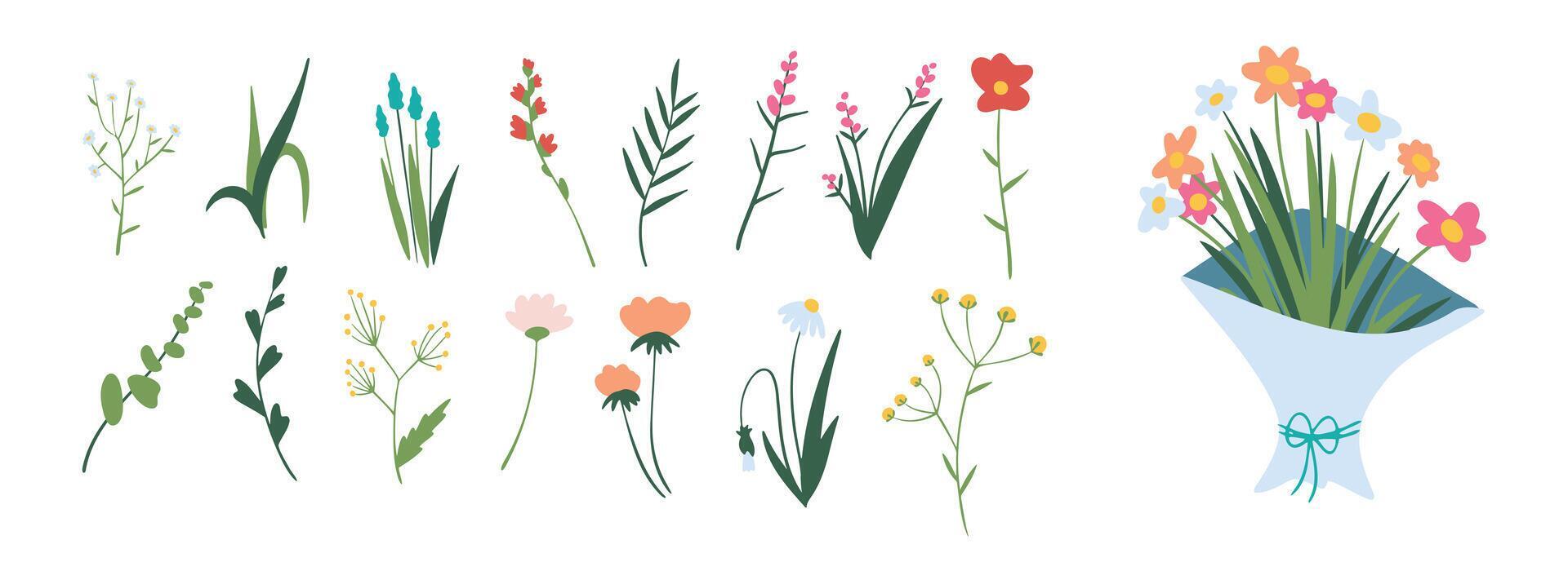 Minimalistic spring florals vector illustration set. Cartoon simple flowers, leaves, brunches, plants Stock Free