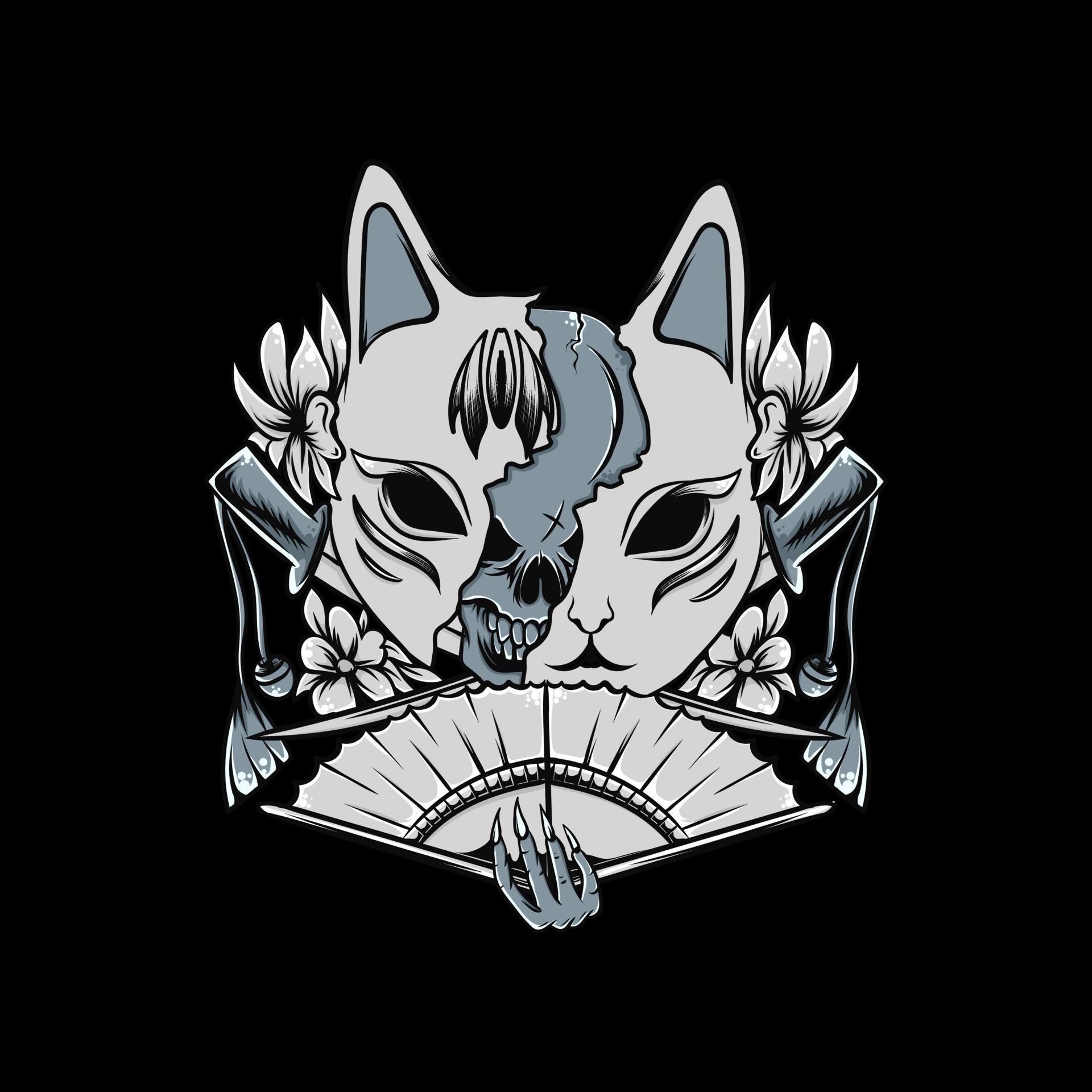 mask kitsune illustration with flower black and white Stock Free