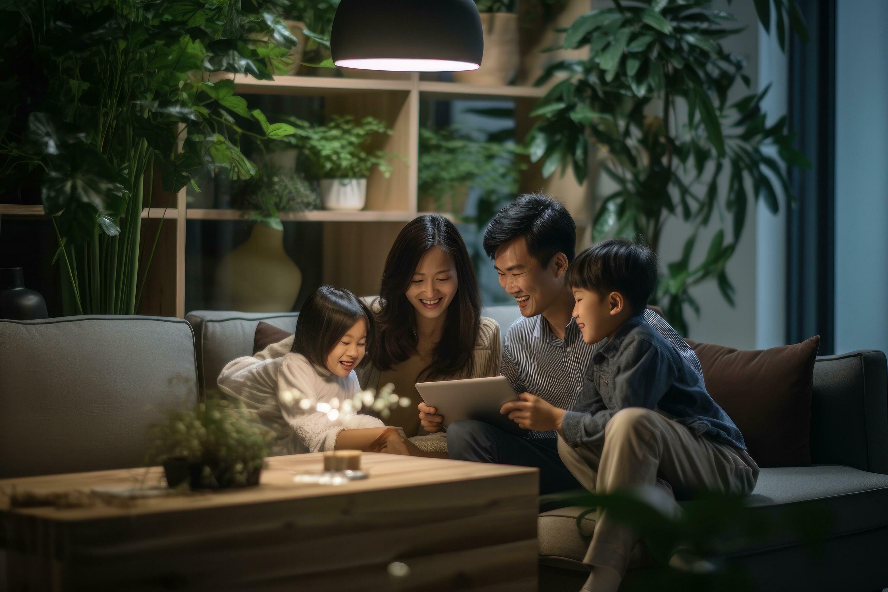 Family is looking at a laptop while sitting on a sofa Stock Free