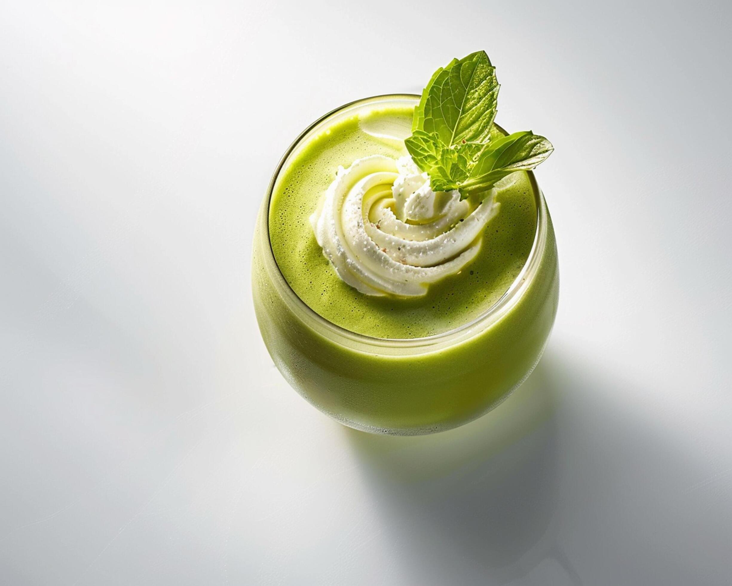 a green smoothie with whipped cream and mint leaves Stock Free