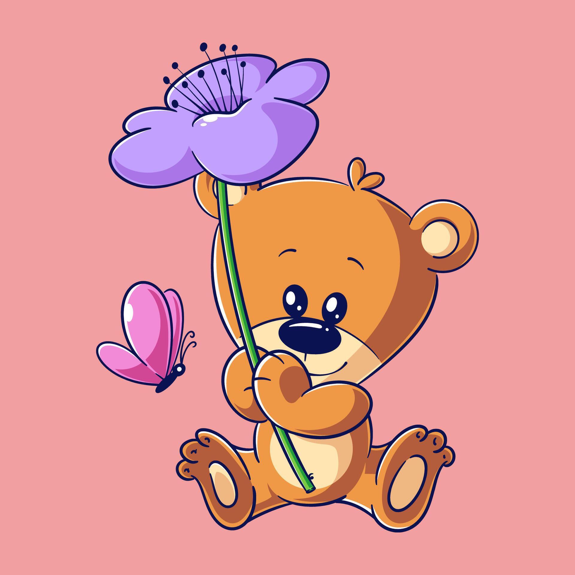 Cute bear is holding a flower Stock Free