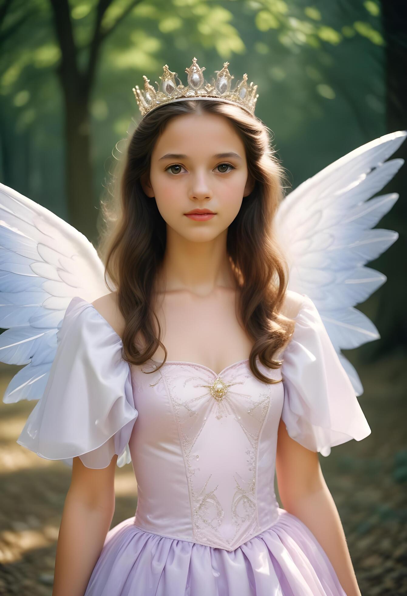 A beautiful young girl wearing a pink dress with angel wings in forest background Stock Free